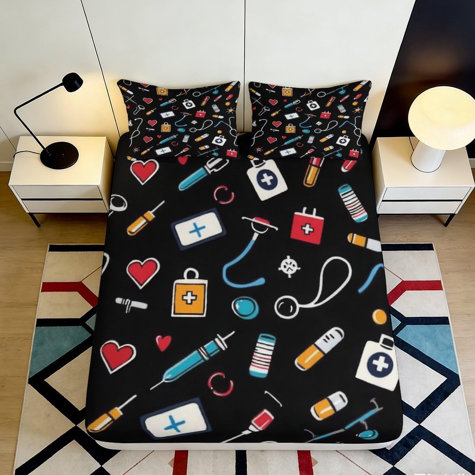 3D Printed Medical Icon Fitted Sheet Microfiber Soft Black Bed Cover for Bedroom Dorm Mattress Protection Decor 90x200x25cm