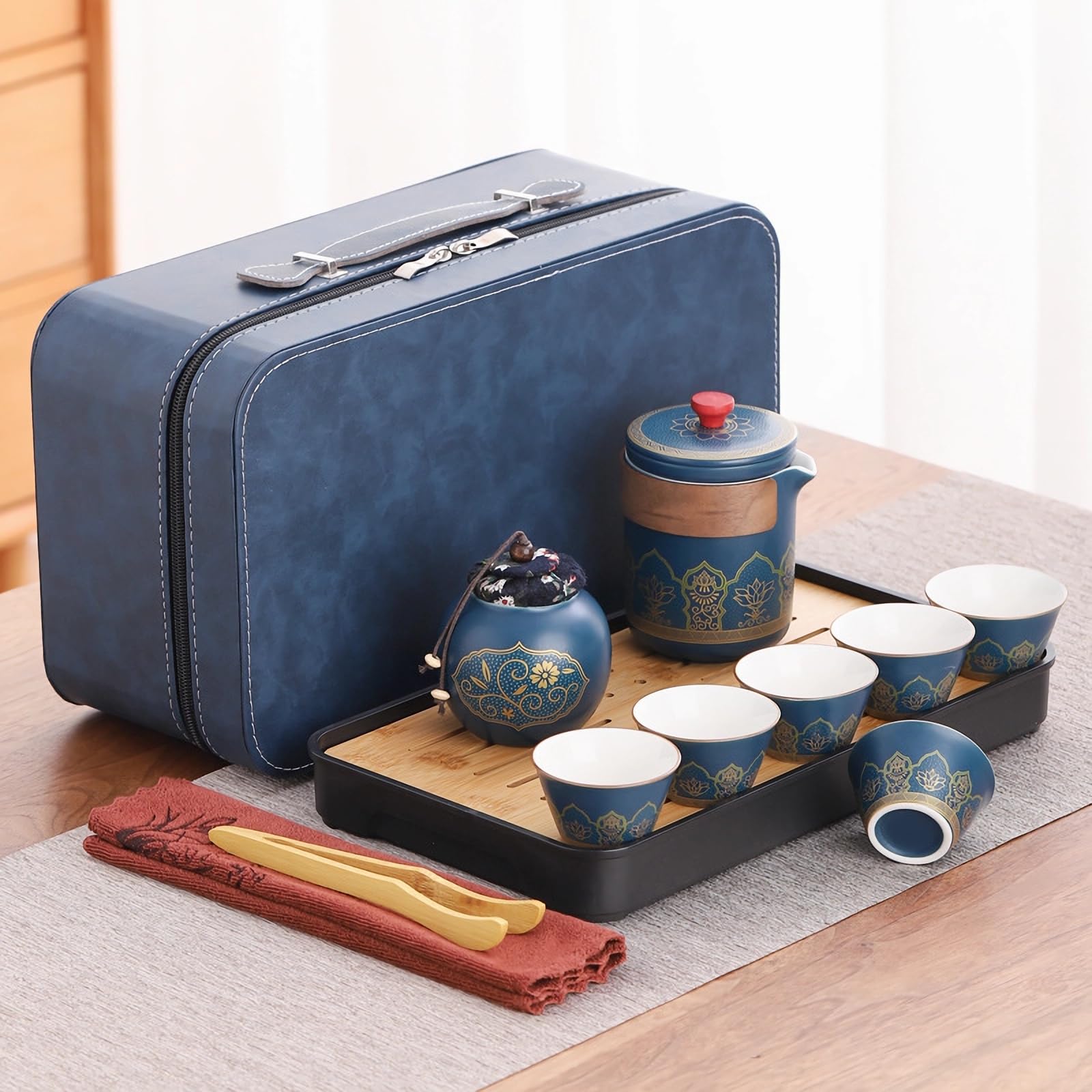 Servizio da tè in porcellana, set da tè cinese da viaggio con 6 tazze in ceramica, piccola teiera con filtro integrato per tè sfuso, elegante blu