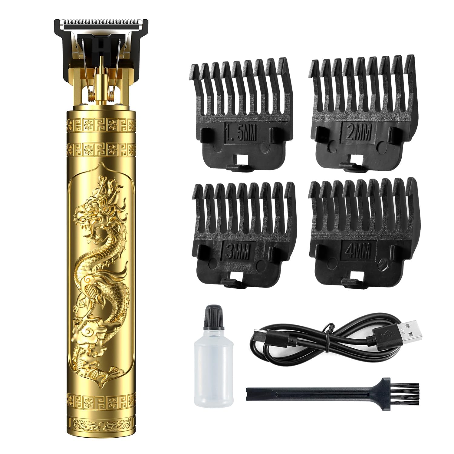 Professional Gold Hair Trimmer for Men Dragon Design Metal Body T-Blade Zero Gapped Cordless Hair & Beard Clipper 4 Guide Combs (1.5mm, 2mm, 3mm, 4mm) USB Rechargeable-image-32