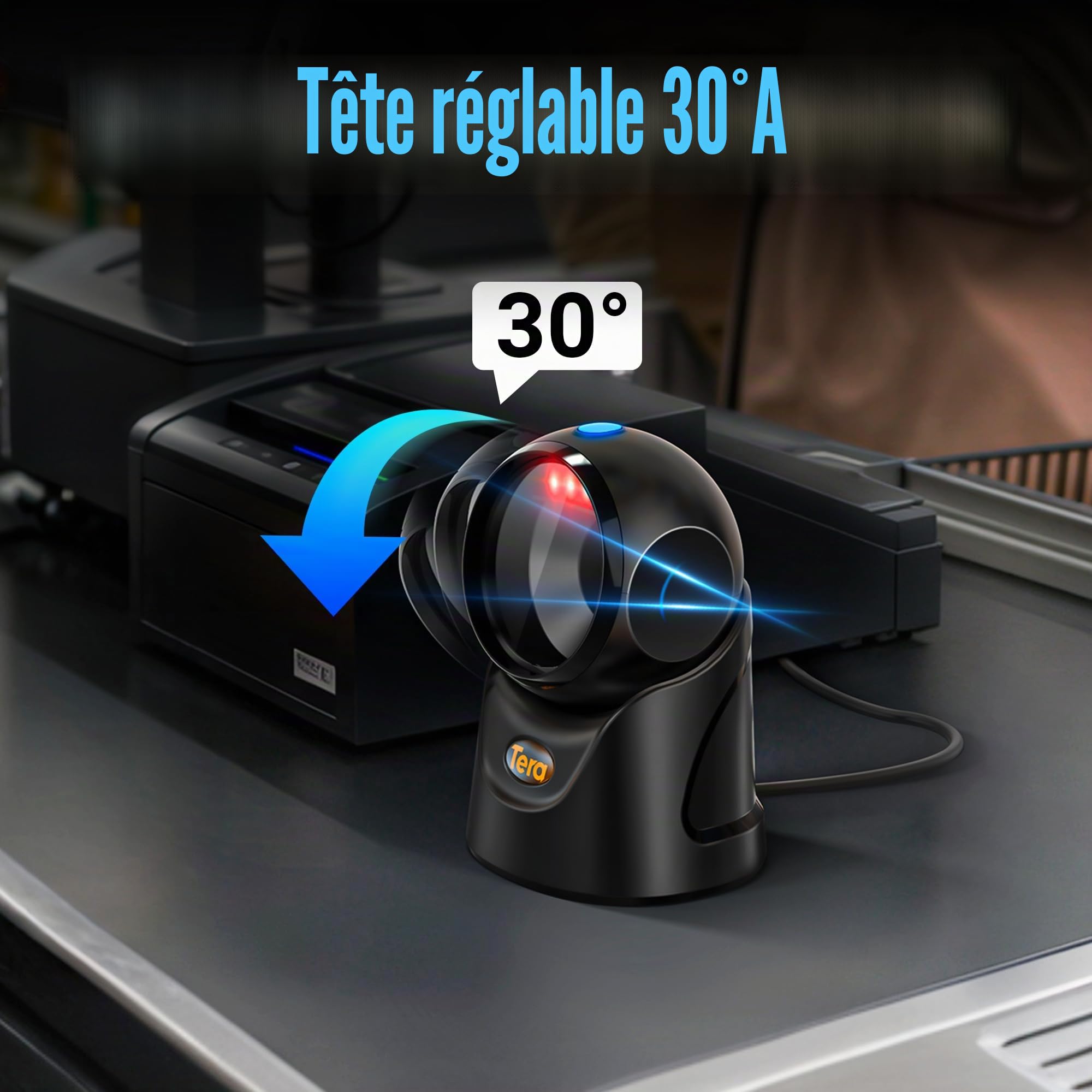 Tera Lecteur de codes-barres omnidirectionnel : lecteur de code QR 1D 2D mains libres USB filaire angle réglable, Plug and Play pour point de vente, supermarché, entrepôt, magasin de détail, hôpital