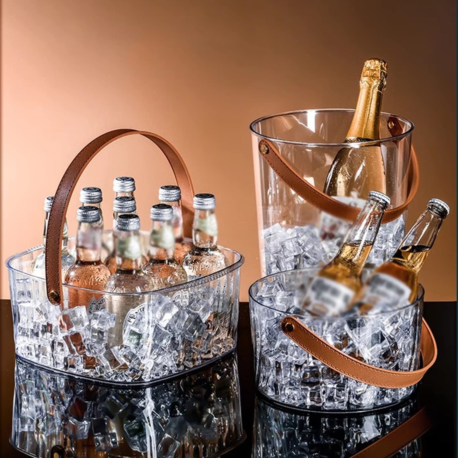 Cubiteras Cubos de Hielo plástico con Mango Cuero marrón Cubo Vino Transparente champán Redondo Enfriador Tinas Fiesta portátiles for Bebidas for Botella Cerveza
