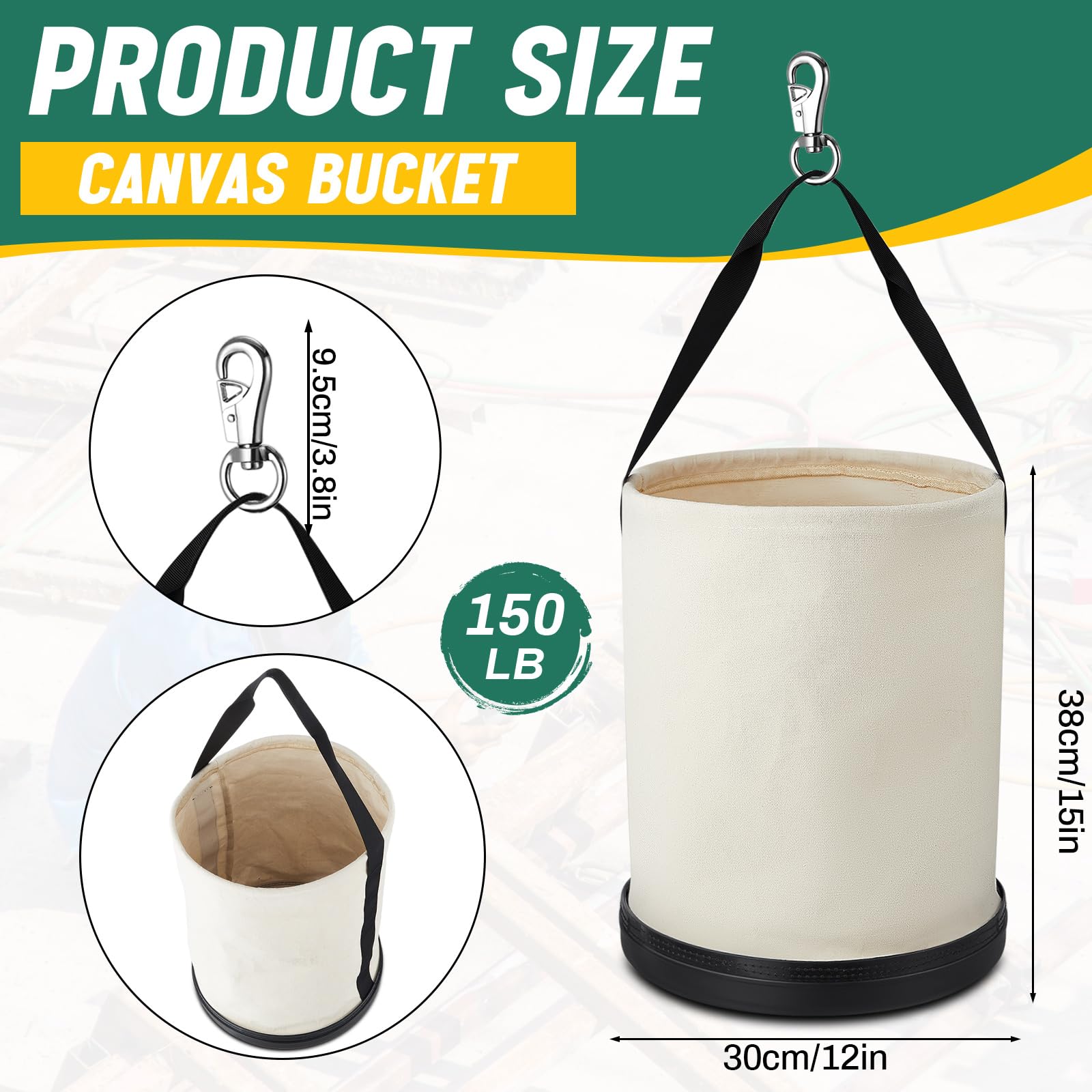 Lot de 4 seaux utilitaires en toile de 38,1 x 30,5 cm - Capacité de charge jusqu'à 68 kg - Organiseur d'outils avec fond en plastique et crochet en métal pour ranger des outils de travail