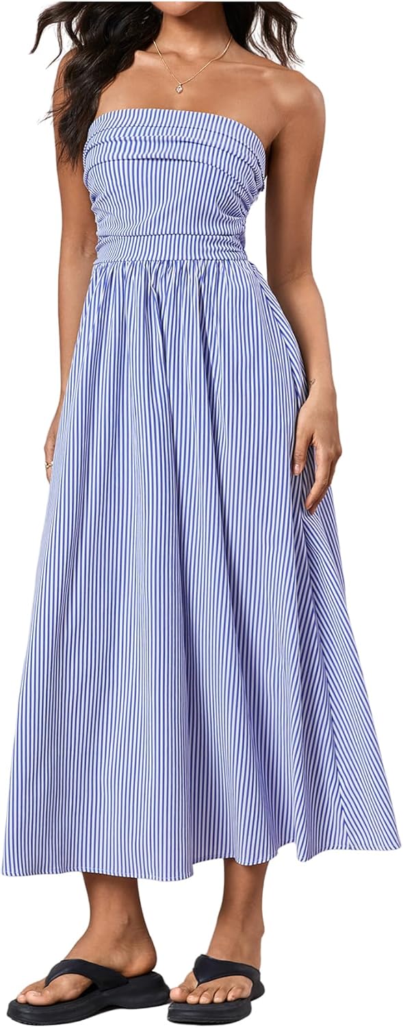 Milumia Women's Striped Strapless Maxi Dress Summer Casual Tube Top Long Dresses with Pocket