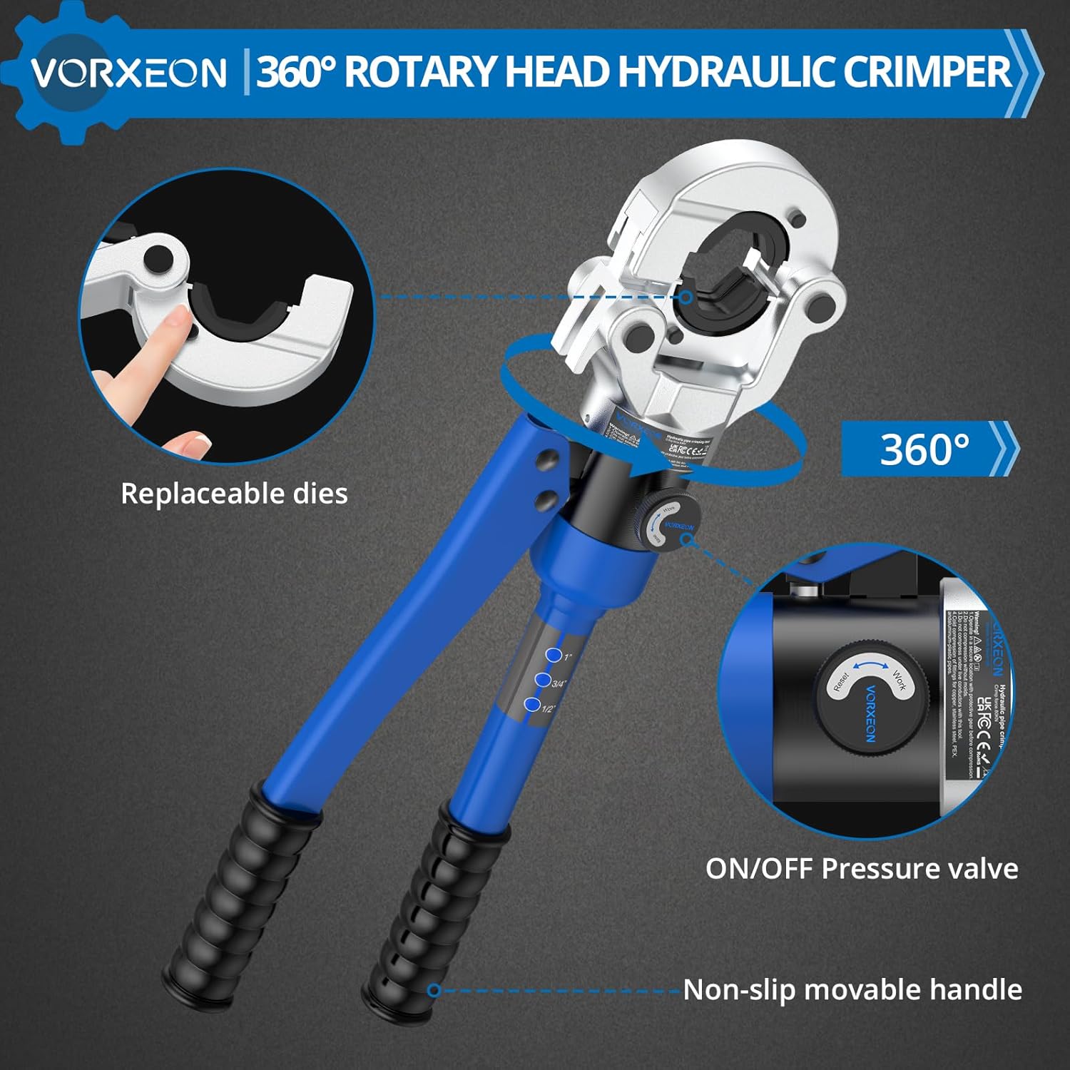 Hydraulic Copper pipe crimper with pipe cutter, Propress tool Vus Dies 1/2", 3/4", 1" With 360° Rotating head For Copper tube, Carbon/Stainless steel Pipes, With Durable Storage Case