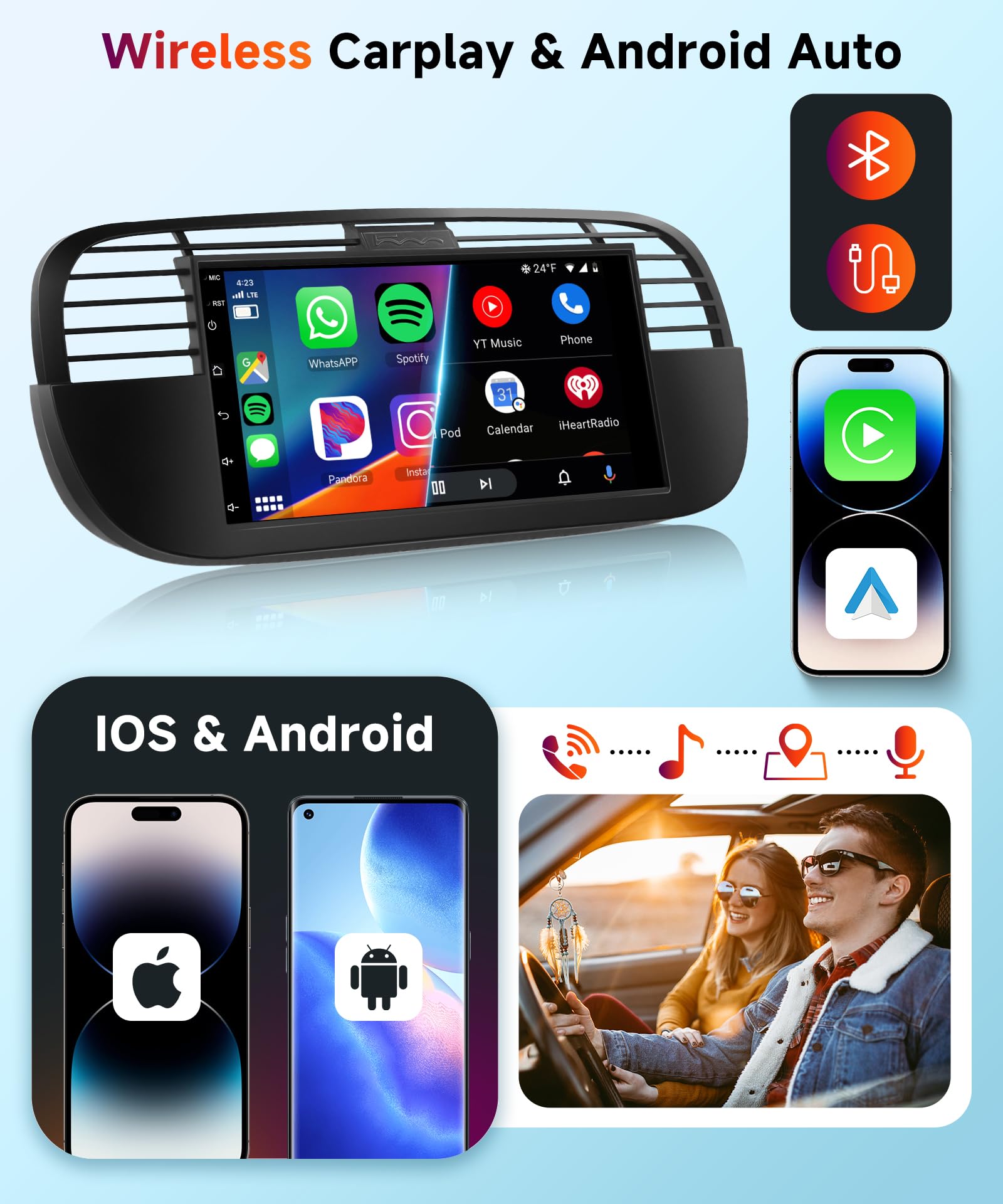 Autoradio Android 7" Pour Fiat 500 2007-2015 - CarPlay & Android Auto Sans Fil, GPS, Bluetooth, Caméra - 8 Cœurs - 6