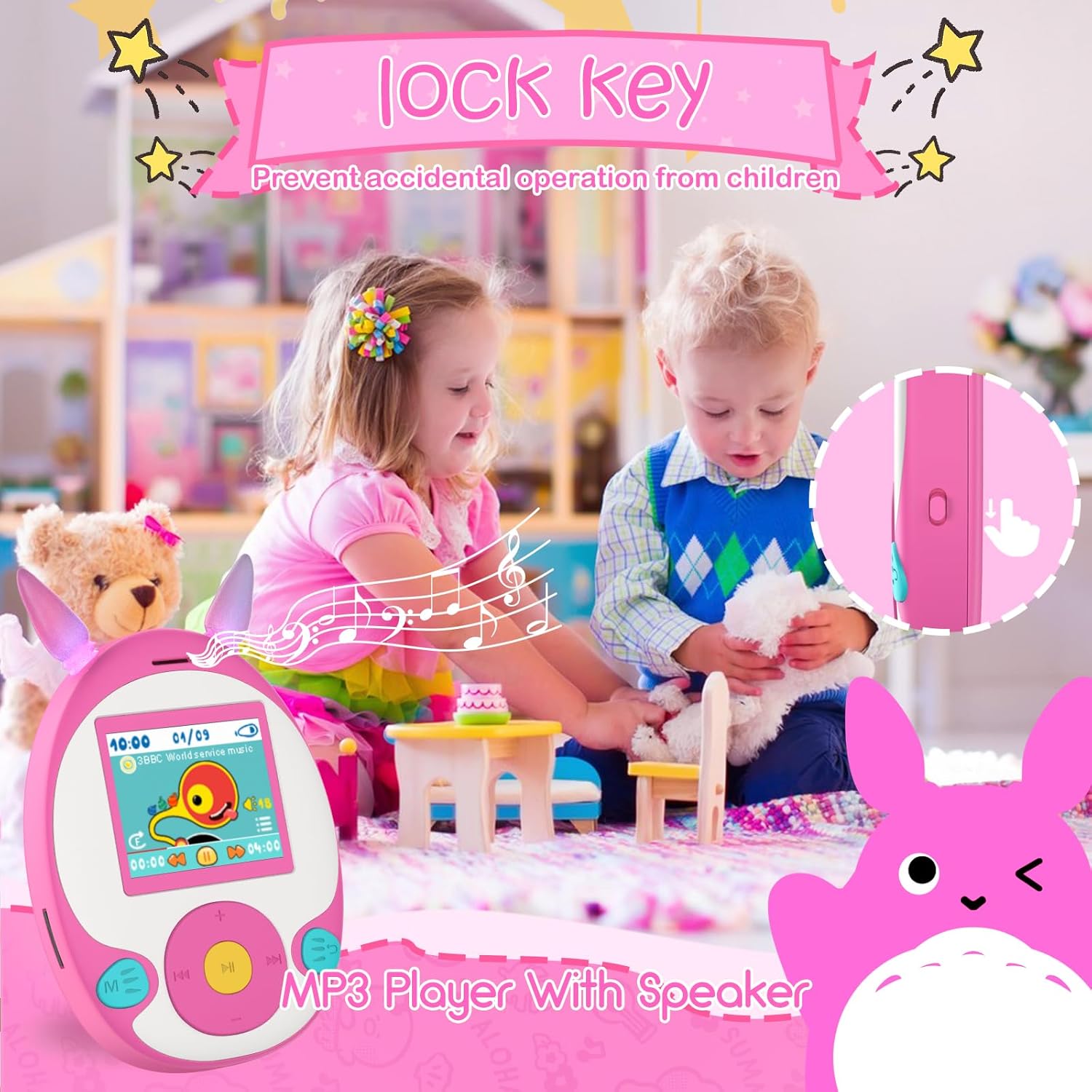64GB MP3 Player for Kids, Kids MP3 Player with Bluetooth, Front Speaker, Games, Recorder, Ear Lights, Alarm, Music Player Expandable Up to 128GB(Earbud, Aux Cable, Lanyard Included)