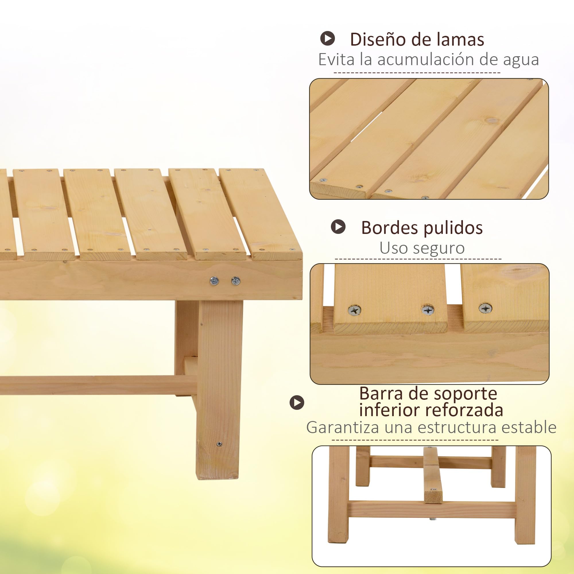 Outsunny Banco de Madera Para Jardín y Terraza 2 Plazas - Carga 250 kg - 110x38x35 cm Natural