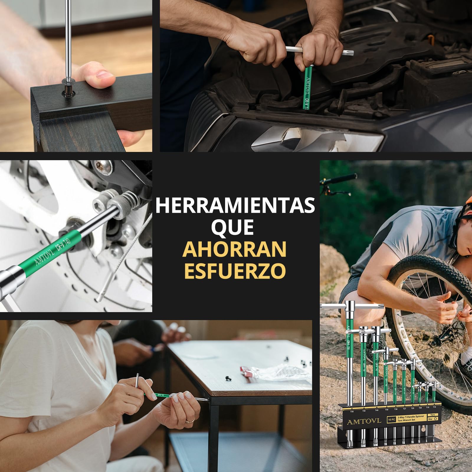 AMTOVL Juego de 10 Llaves Torx con Mango en T, T10-T55 para Reparación de automóviles y Bicicletas,Juego de 10 Piezas con Caja de Almacenamiento