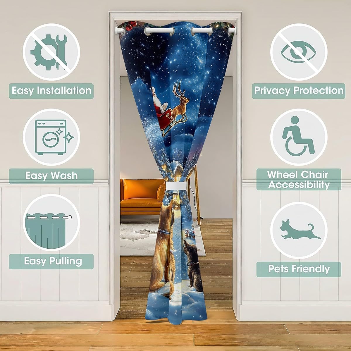 Merry Christmas Doorway Curtain 60"W X 80"L 3D Watercolor Dog Cat Cute Animals Door Curtain Privacy for Kids Teens Adults Santa Claus Dreamy Galaxy Winter Farmhouse Door Drape for Bedroom Closet Door