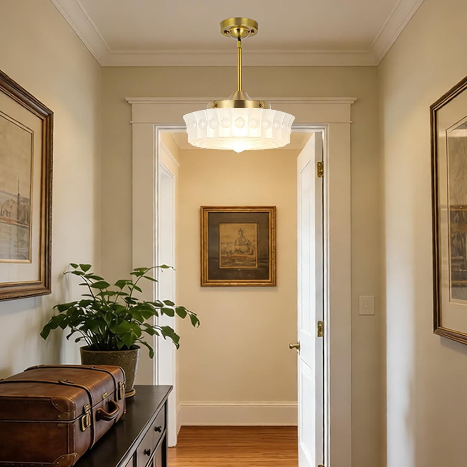 Opal White Milk Glass Pendant Light, Art Deco Schoolhouse-Inspired Glass Hanging Light with Antique Brass Finish, 14in Ceiling Pendant Light for Kitchen Island, Entryway