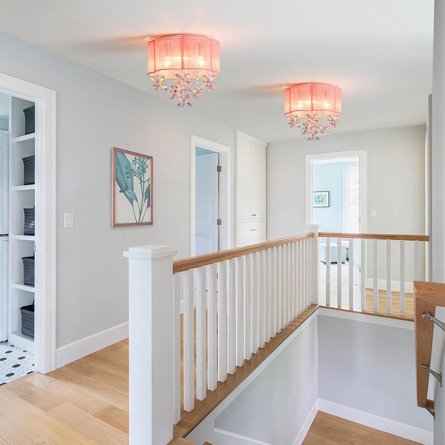 3 Light Bedroom Mini Chandelier Ceiling Light Pink Lamp 13" Small Crystal Chandelier Flush Mount Chandeliers with Handmade Flower Lampshade for Girls' Bedroom,Closet,Nursery,Dinning Room Bulb Included