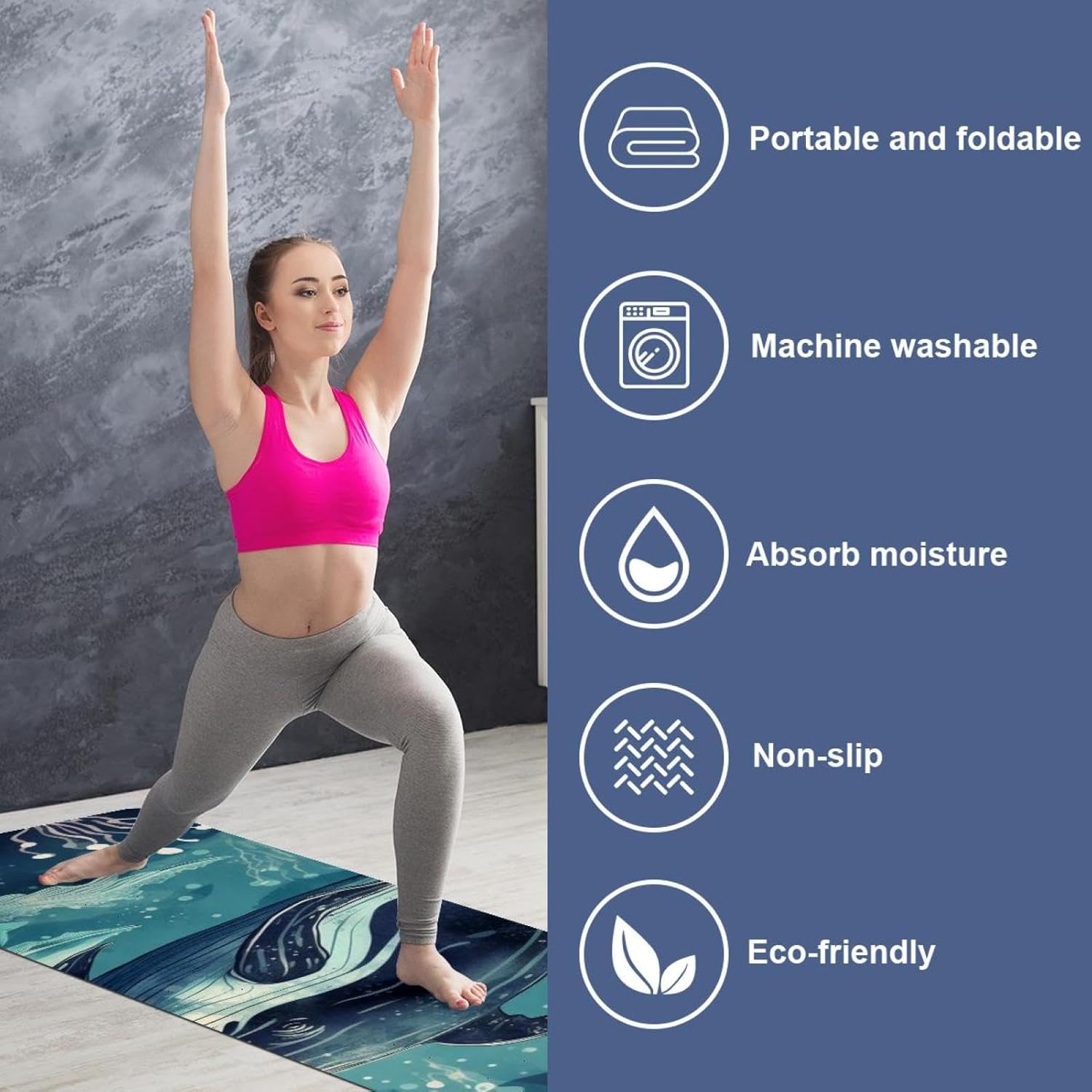 Yoga Towel, Whale Sea Pattern Non Slip Sweat Absorbent Hot Yoga Mat Towel for Hot Yoga, Pilates and Fitness - 72.8" x 26.8"
