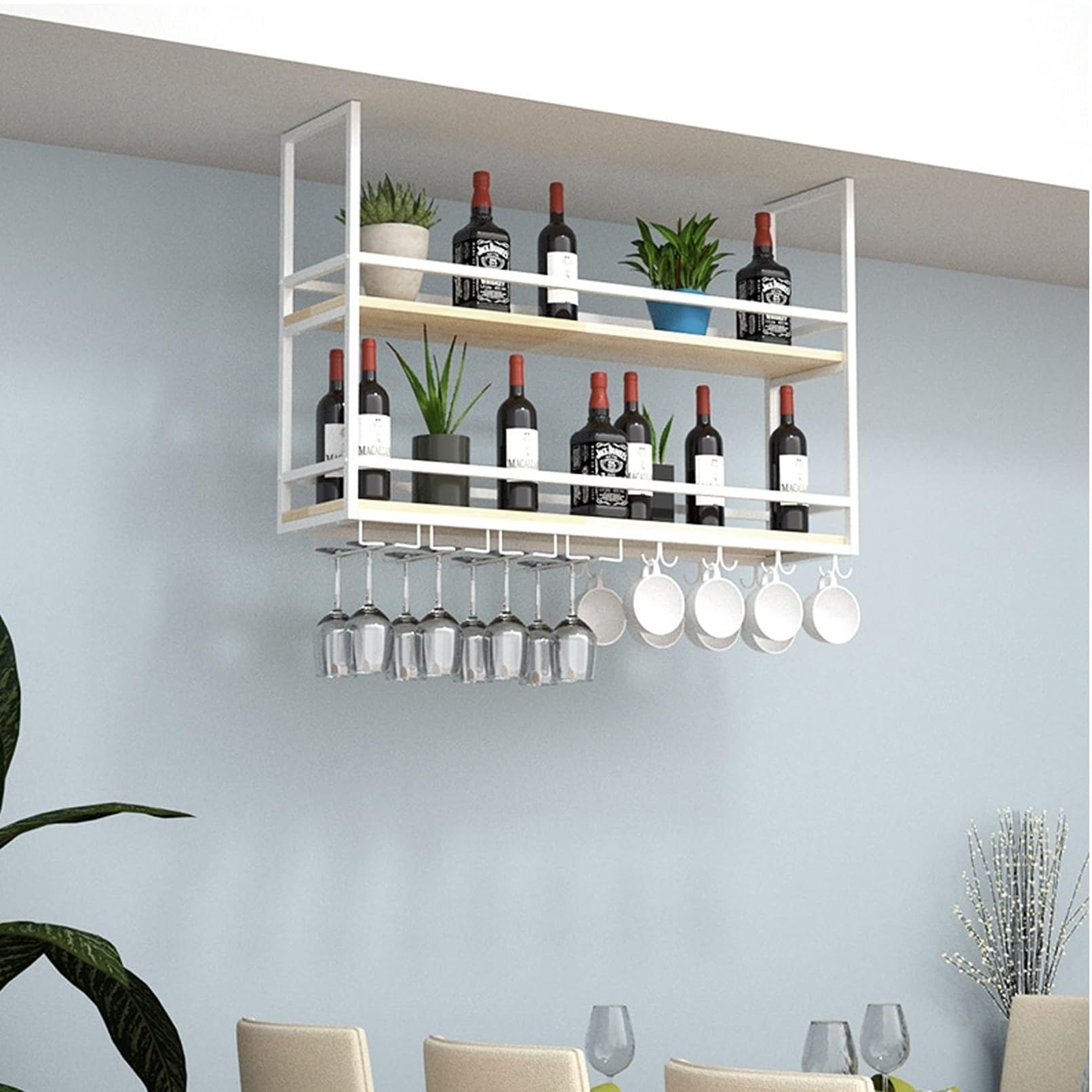 Casier à vin de plafond avec support en verre blanc au design vintage et finitions unies
