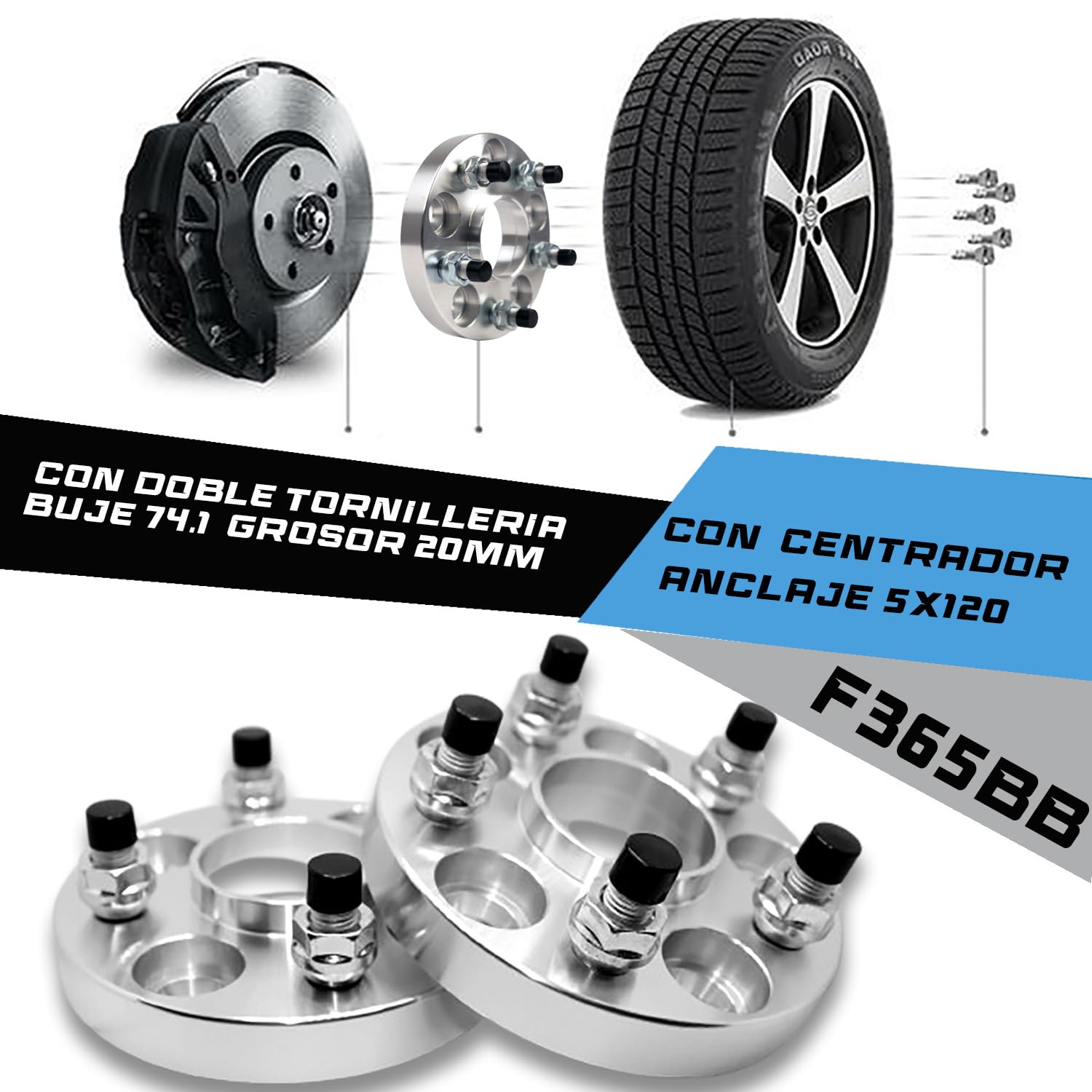 M MODAUTO Separador Ruedas del Vehículo, Espaciador de Ruedas, con Pernos Específicos, Anclaje 5x120, Grosor 20mm, Buje 74.1, con Doble Tornilleria, con Centrador, Modelo F365BB