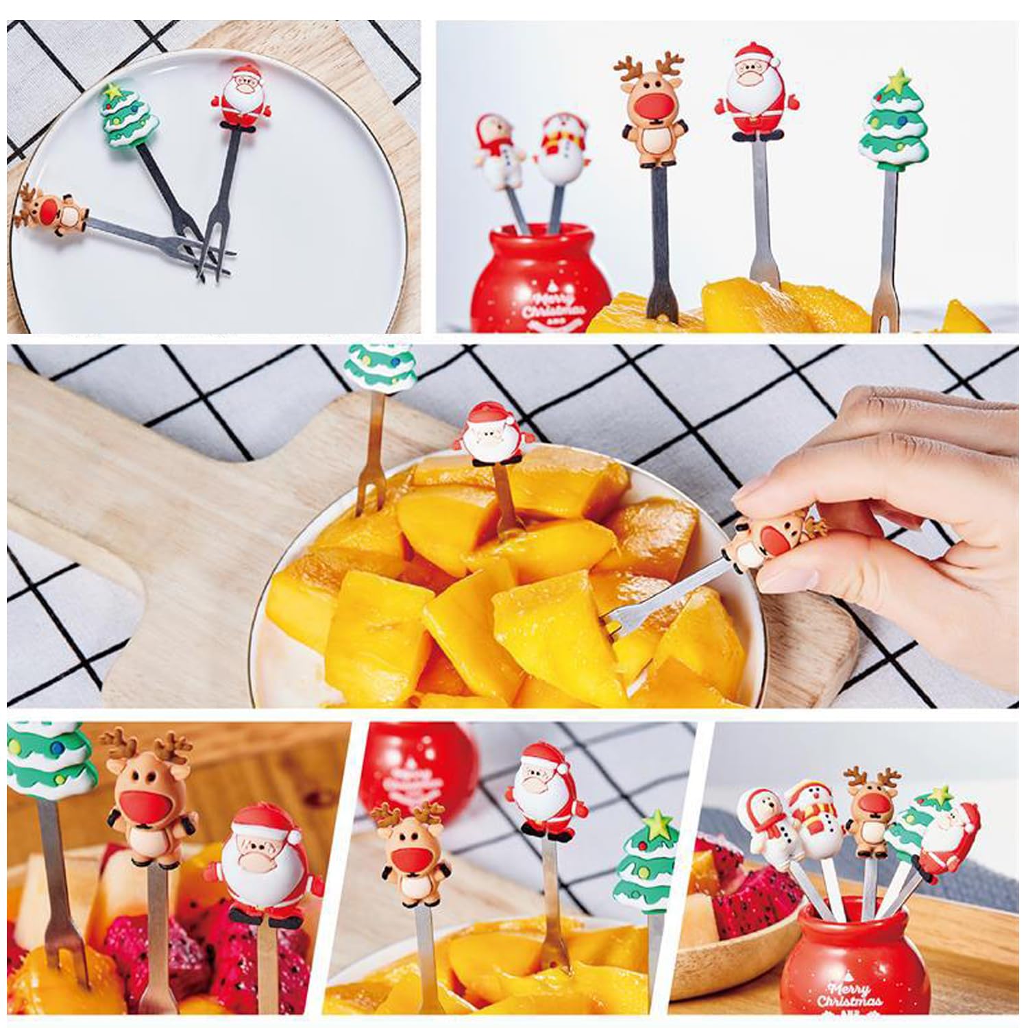 5 Pcs Christmas Fruit Fork with Ceramic Jar Holder Mini Stainless Steel Salad Fork Cartoon Santa Claus Xmas Tree Fruit Picks Cake Dessert Food Picks — Amazon image 2