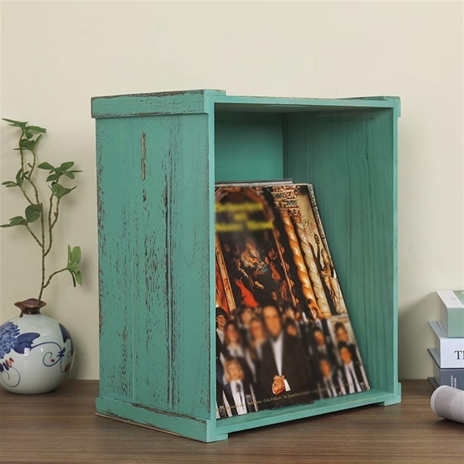 Cassetta portaoggetti per dischi in vinile, scatola in legno con manico, organizer per dischi in stile retrò vintage, per LP e dischi, soluzione di archiviazione per raccolta musicale