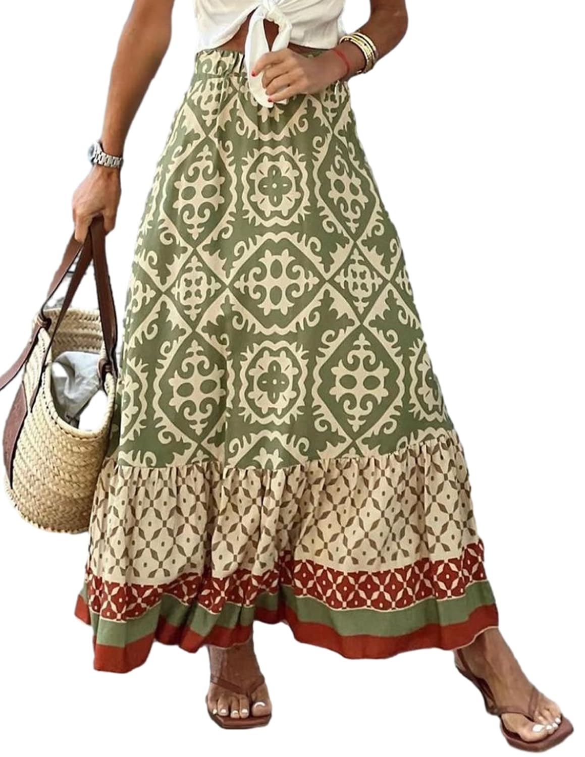 Donna Gonna Lunga Stampata Casual Alta Vita Elastica Boho Floreale Senza Maniche Gonna Estiva Abiti da Spiaggia