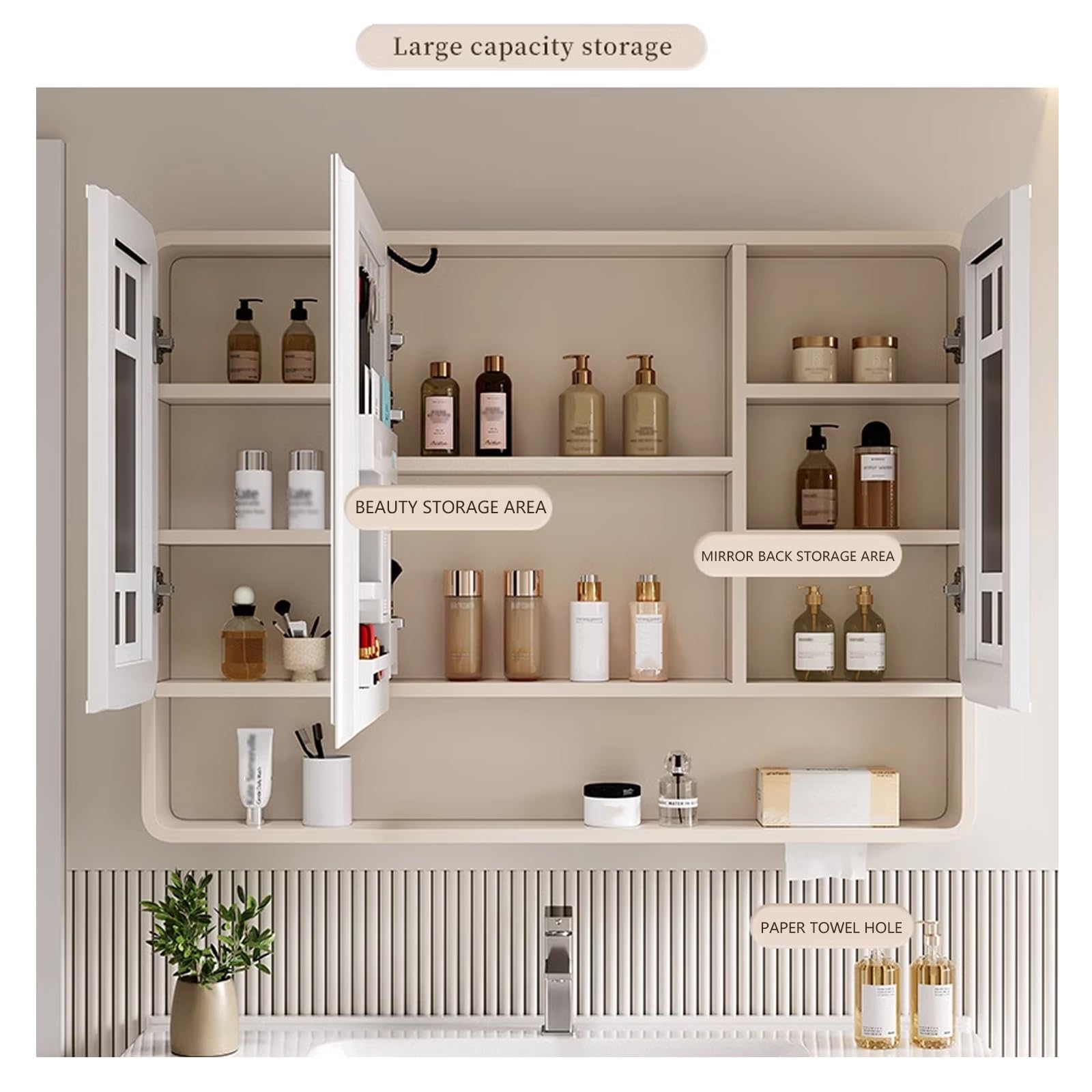 Armadietto da bagno con specchio a LED con funzione antiappannamento, dimmerabile continuamente, cambiamento di colore, 2 uscite, bianco, 80 x 88 cm, soluzione moderna per riporre oggetti con ripiani