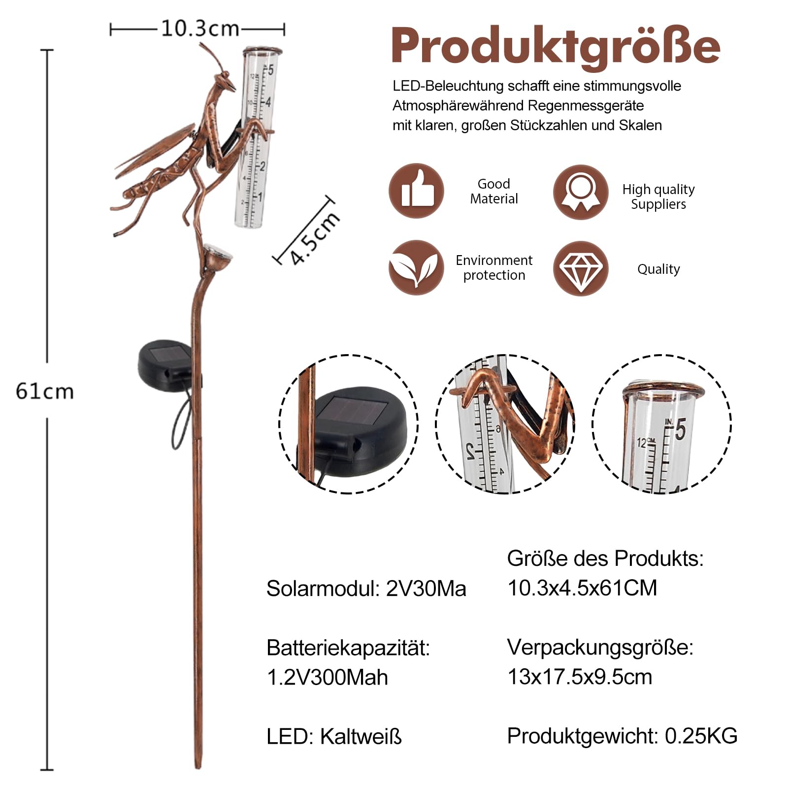 HOSPAOP Pluviomètre Solaire de Jardin avec LED et Piquet – Verre Résistant au Gel, Mesure Précise des Précipitations pour Pelouse, Terrasse, Champs, Patio, Déco Extérieure