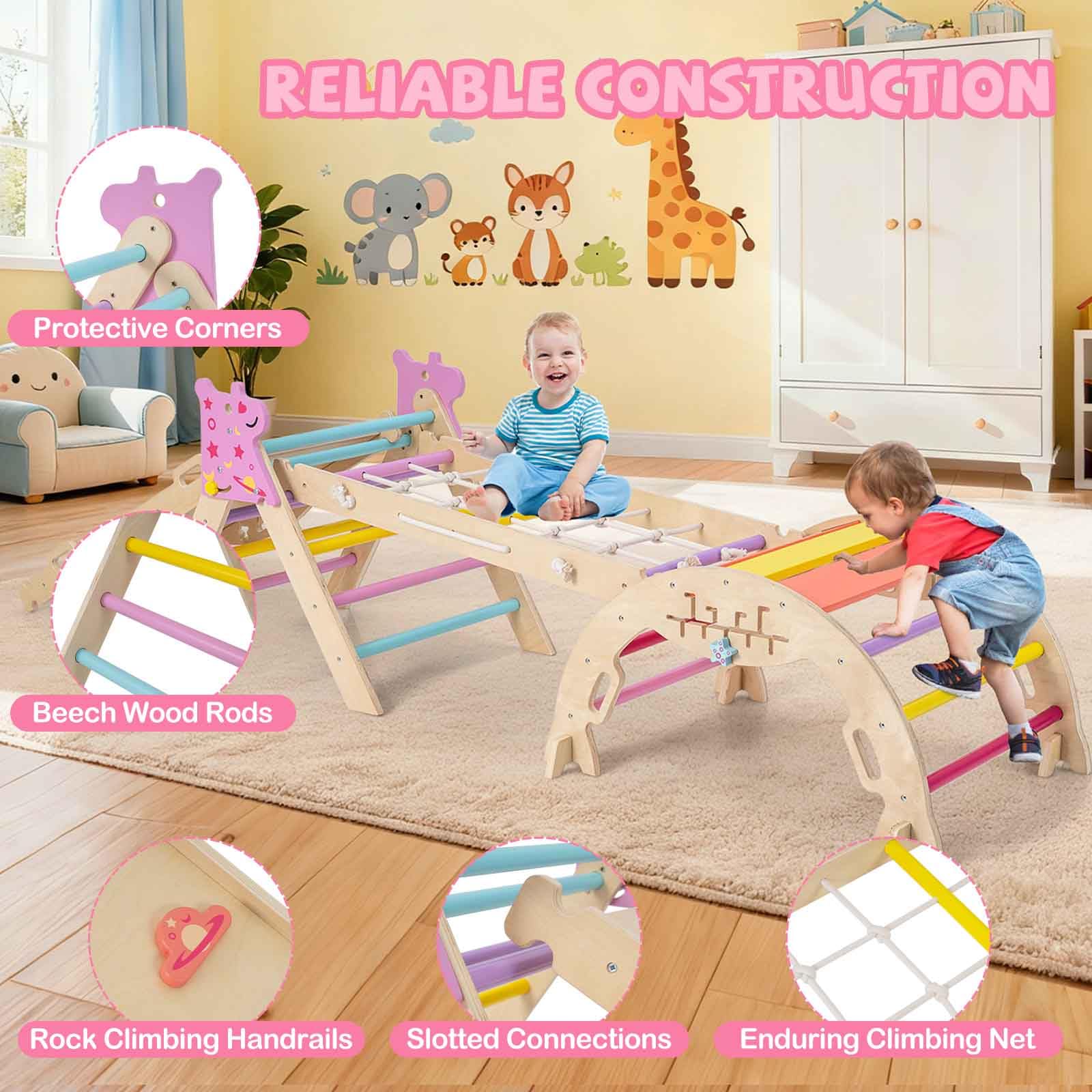 HOMASIS 4 en 1 Triangle à Grimper Montessori, Cadre d'escalade avec Arche, Rampe, Corde & Échelle, Aire de Jeux Éducative pour Enfants 3 Ans+ (Licorne, Couleur)
