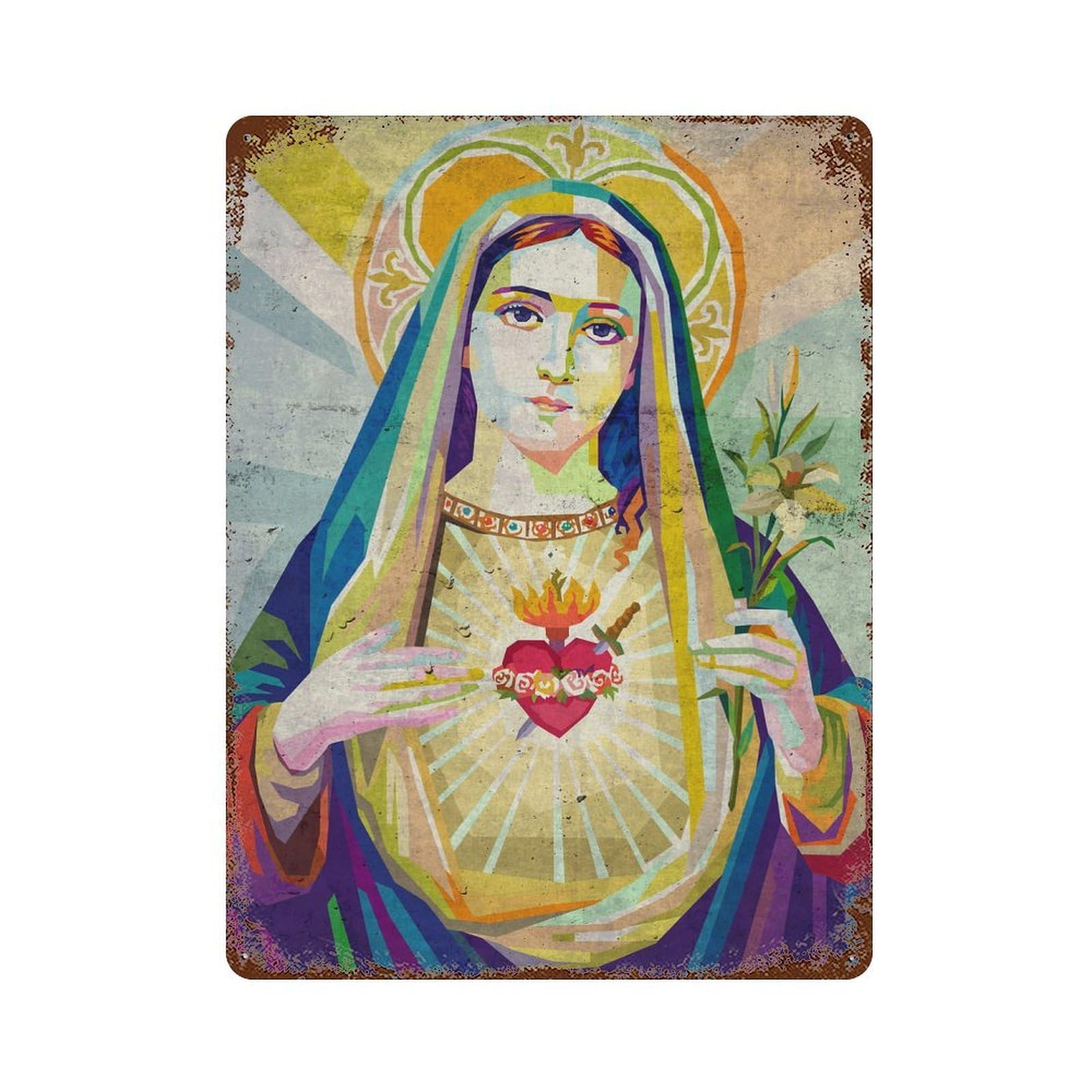 Rustic Tin Plaque The Virgin Mary 15.7"x11.8", Retro Wall Decor for Shed, Workshop And Garage Wall Decor