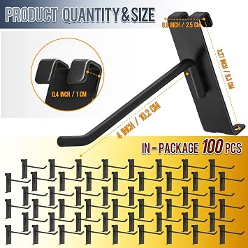 Gridwall Hooks 100 Pcs, Pack in 4 Inch Hooks for Grid Wall Panels Accessory, Heavy Duty Display Hooks for Wire Grid Wall Accessory Display Rack Hanging Storage (Black)
