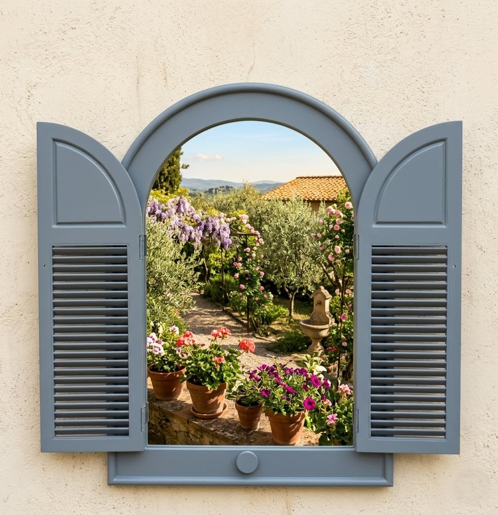 Deenz Grey Decorative Window Double Door Shutter Panels Wall Mounted Bordered Mirror Finish Antique Style Arched From Top Louvred Ornamental Vintage Design Large Size Home Decoration Idea 49 X 57 Cm