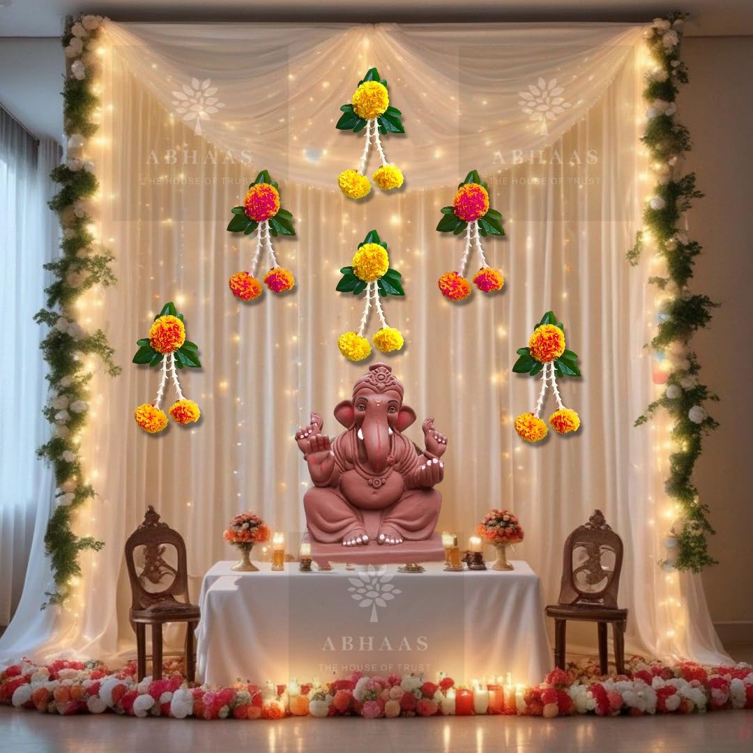 Ganpati Decoration Items | Pooja Room Decor Items | Backdrop for Haldi Ceremony with Net Curtains and LED Lights for Decoration (Mari Hanging+NET)