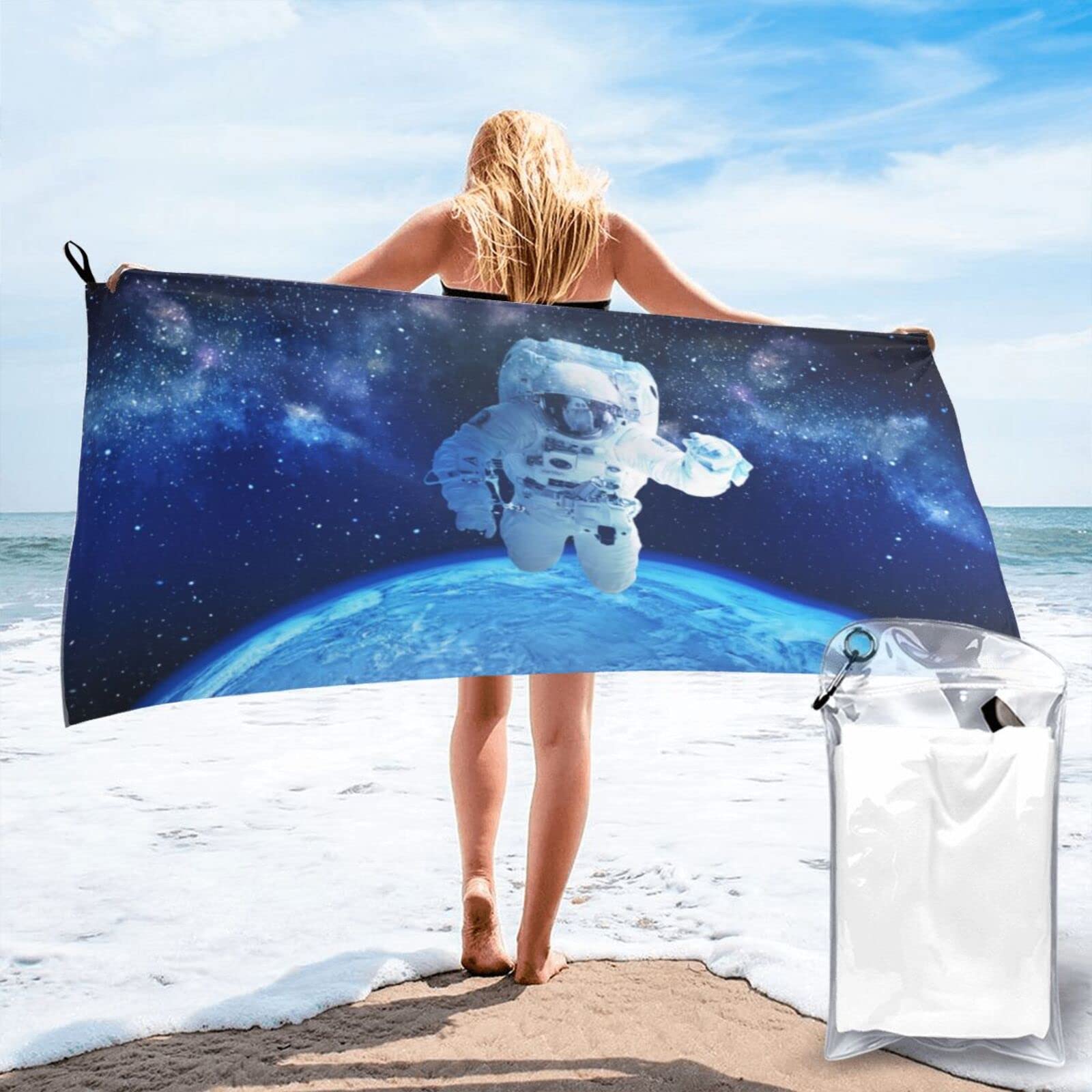 Lawenp Astronauts Microfiber Beach Towel Adults Large Quick Drying Bath Towel Travel Towels with Pouch 31.5"x63"