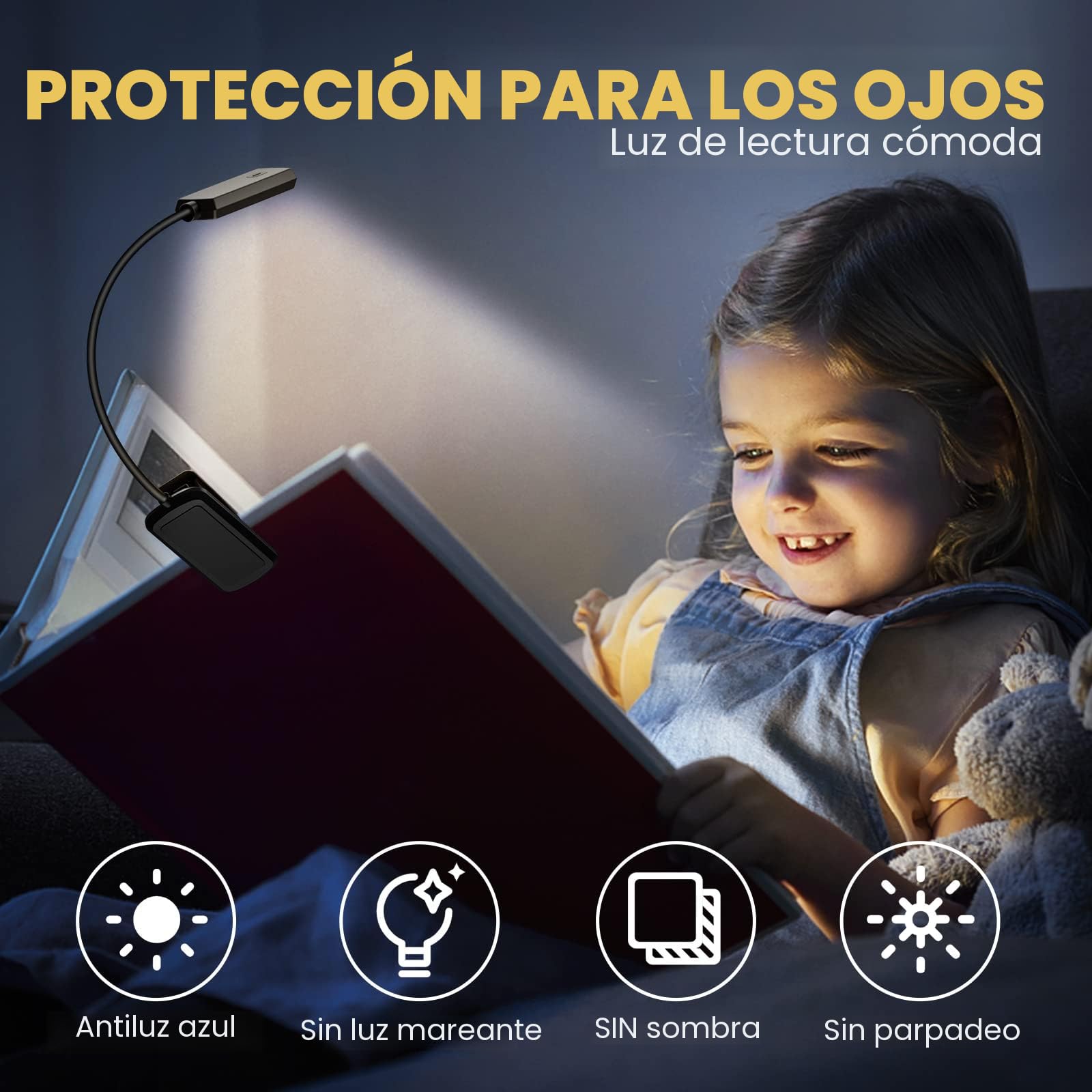 TEAMPD Luz de Lectura, 10 LEDs 3 Colores y Atenuación Continua Lampara de Lectura USB Recargable, 360° Flexible con Clip Luz Lectura para Lectores Noche, E-Reader, Tablet, Estudio, Cama, Libro, Viaje