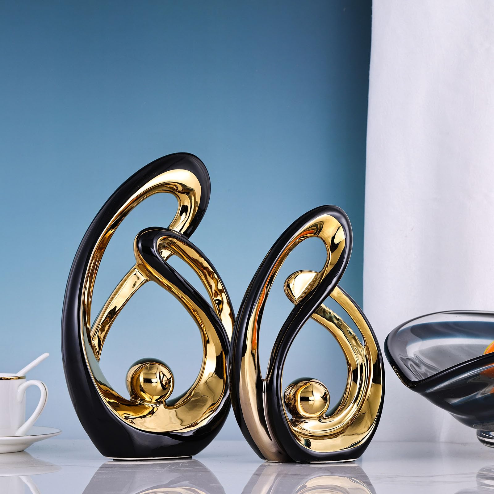 XMGZQ Nero e Oro Scultura Deco Set di 2,Ceramica Statua di Arte Astratta,Decorazione Soggiorno,Camera da Letto Deco,Appartamento Moderno Oggetti Decorativi Sculture