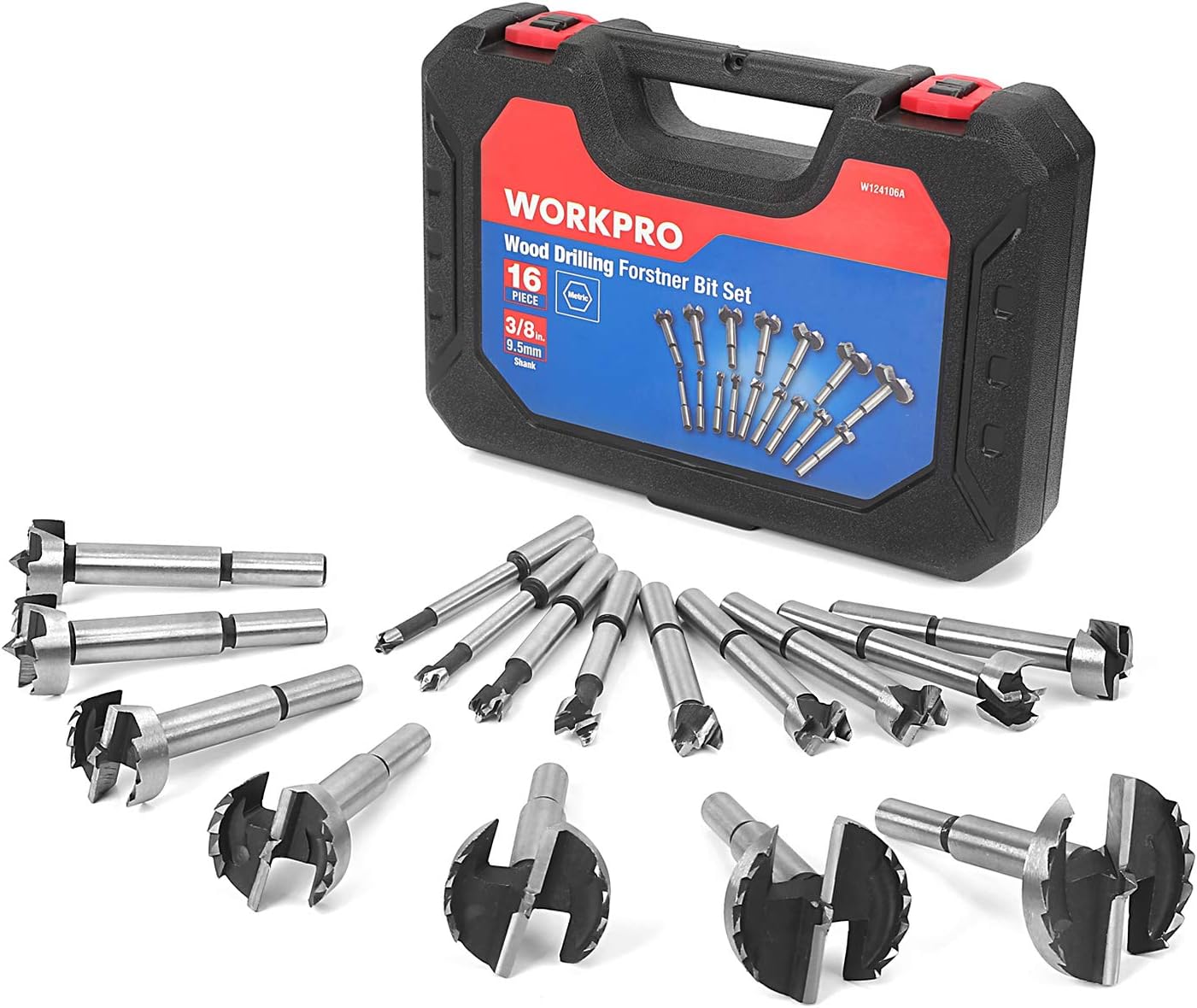 WORKPRO 16-Piece Forstner Drill Bits Set 6-50mm, 40CR Steel, Wood Drill Bits, Woodworking Hole Saw Set, Round Shank Wood Tools
