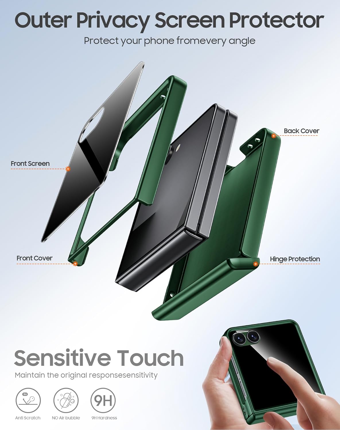Spugan for Samsung Galaxy Z Flip 7 Case with Privacy Screen Protector & Hinge Protection, Slim Non-Slip Hard Full Body Shockproof Cover Wireless Charging Case for Galaxy Z Flip 7 (Green)