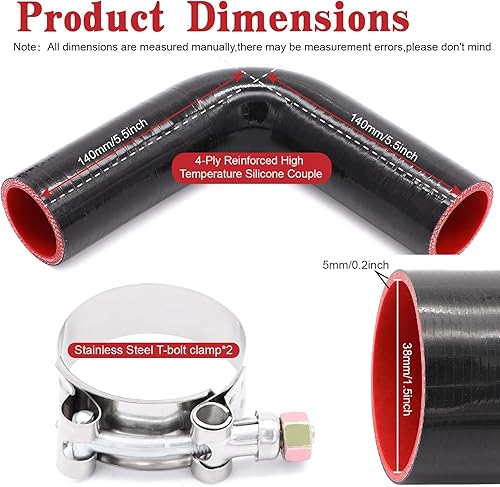 Miniatura 2 de Acoplador de codo de 90 grados, manguera de silicona de 4 capas de 1.5 pulgadas (1.496 in) para turbointercoolertuberías de admisión, longitud 4.724