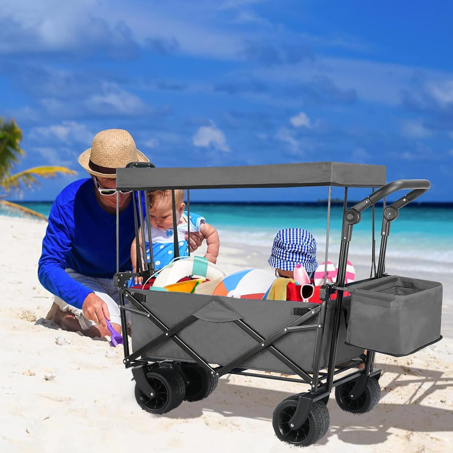 Collapsible Wagon with Canopy - Extra Large 250lbs Garden Cart, Heavy Duty Outdoor Utility Stroller with Rear Storage, Big Wheel and Adjustable Handle for Camping and Beach - Foldable Push & Pull Cart