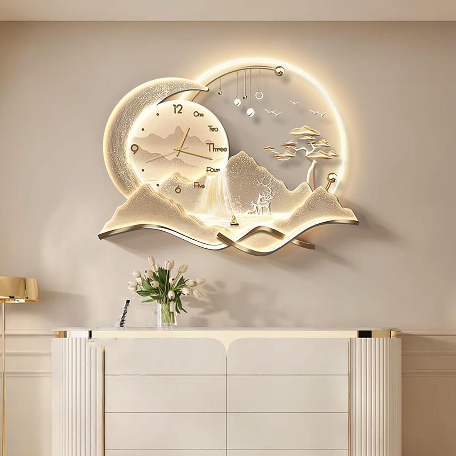 3D Wall Art Decor With LED Light, Wall Sculptures Hanging Painting Koi Fish Welcoming Pine Wall Art Decoration Lamp,Oriental Decor Traditional Chinese Feng Shui Wall Hanging... - Image 6