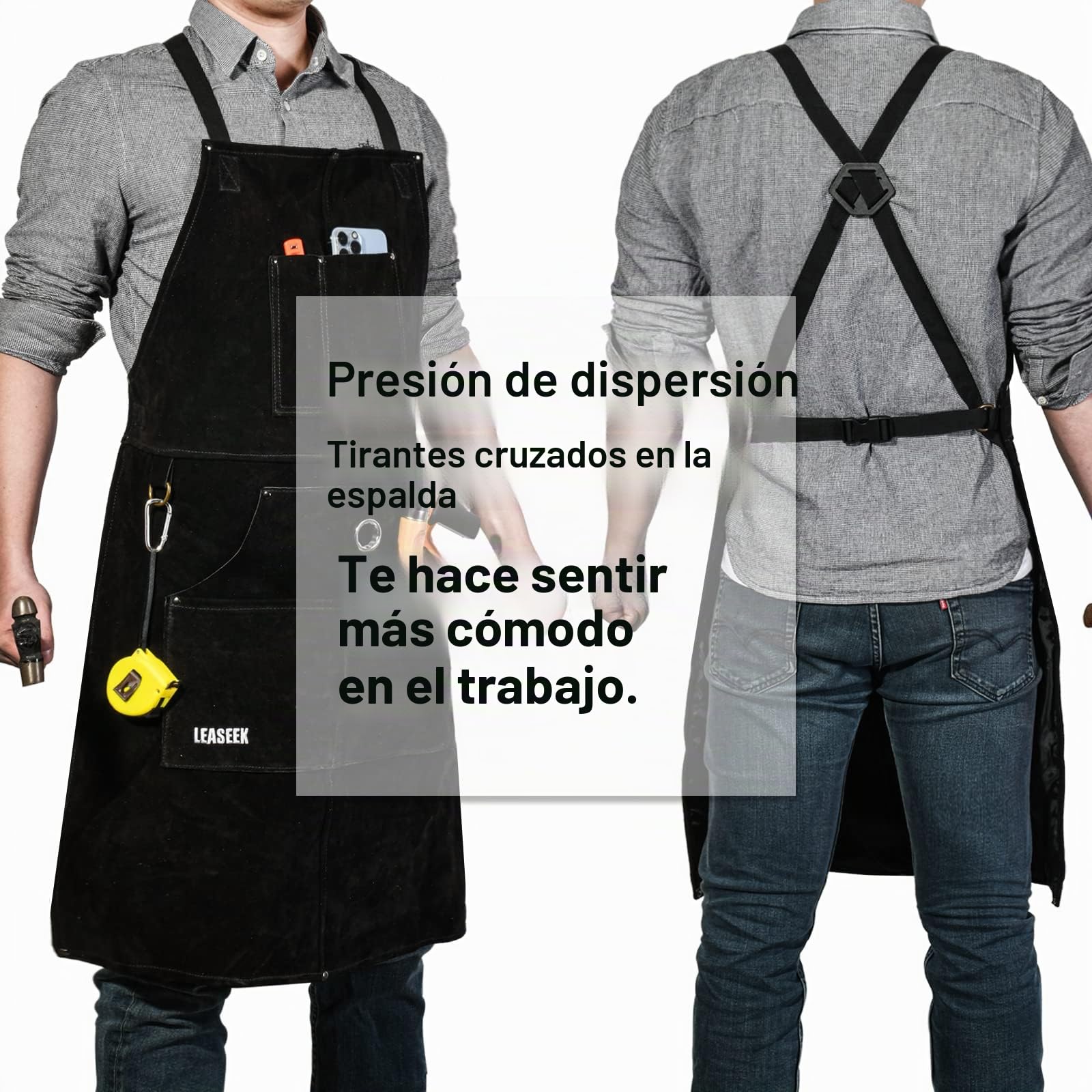 Leaseek Delantal de trabajo de cuero – 6 bolsillos para herramientas para hombres y mujeres – Delantal de soldadura – Ideal para carpintería, herrería, jardineros, mecánicos, barbacoa
