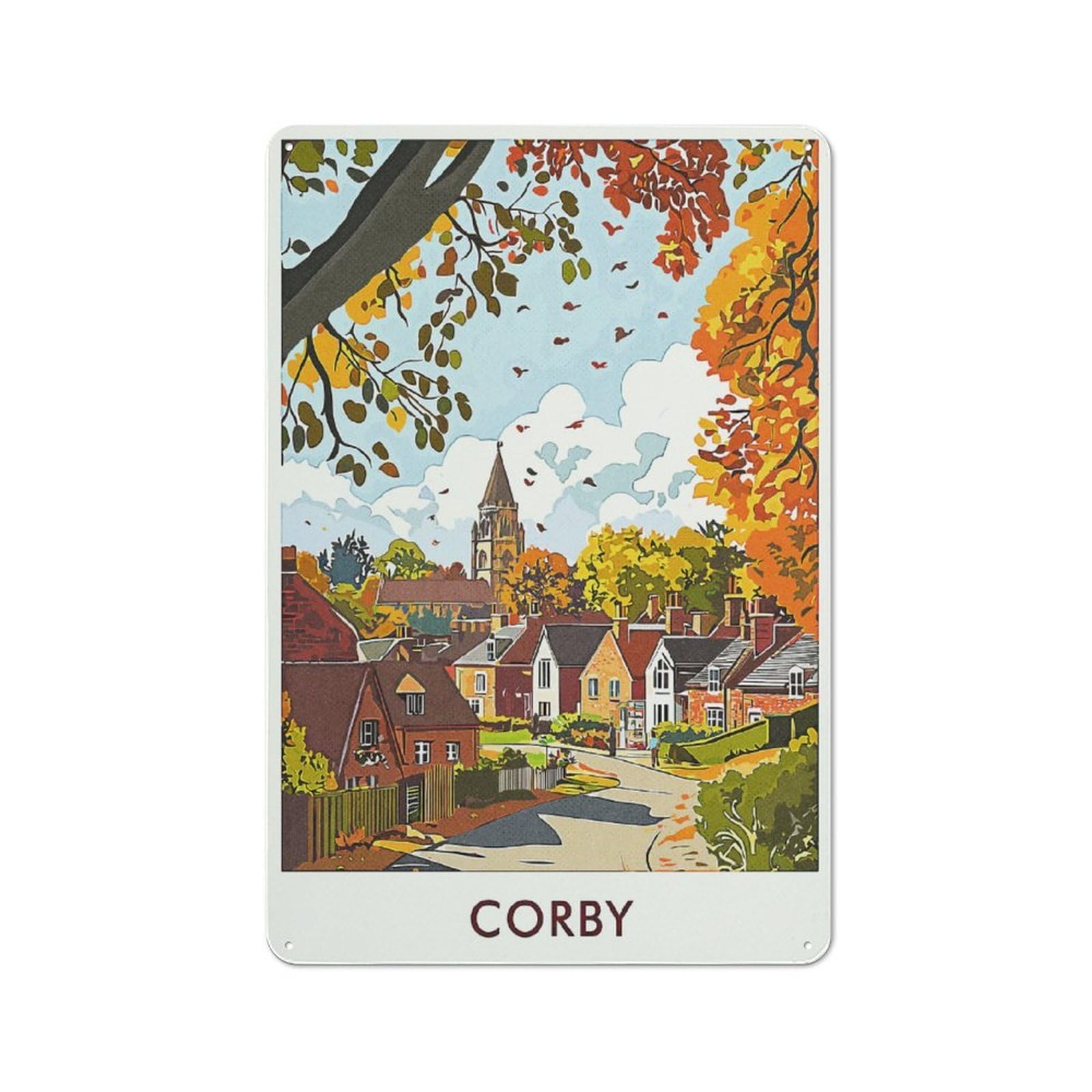 Junmoney Style Corby Town Autumn Scene Retro Metal Wall Sign 30X20cm For Guest Room Or Hallway, A Housewarming Gift For Home Decor Collectors