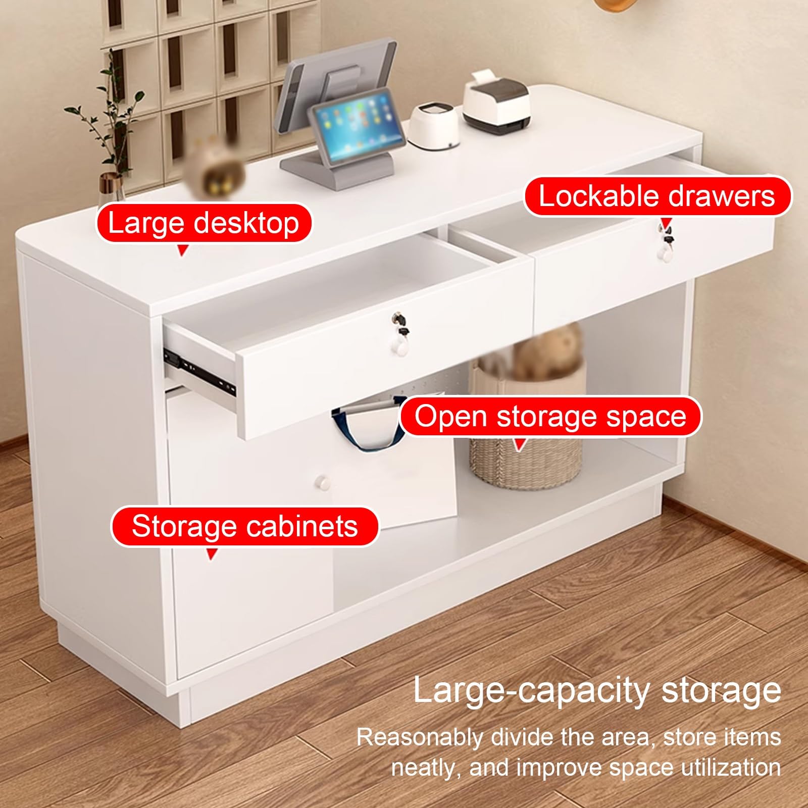Bureau de réception moderne avec panneau perforé, support de registre de vente au détail, grand bureau pour bureau, entreprise, restaurant, beau salon, magasin de vêtements – Polyvalent et fonctionnel