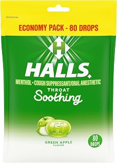 Halls Throat Soothing Green Apple Cough Drops, 80 Count Economy Pack - Menthol Sore Throat & Cough Relief Lozenges