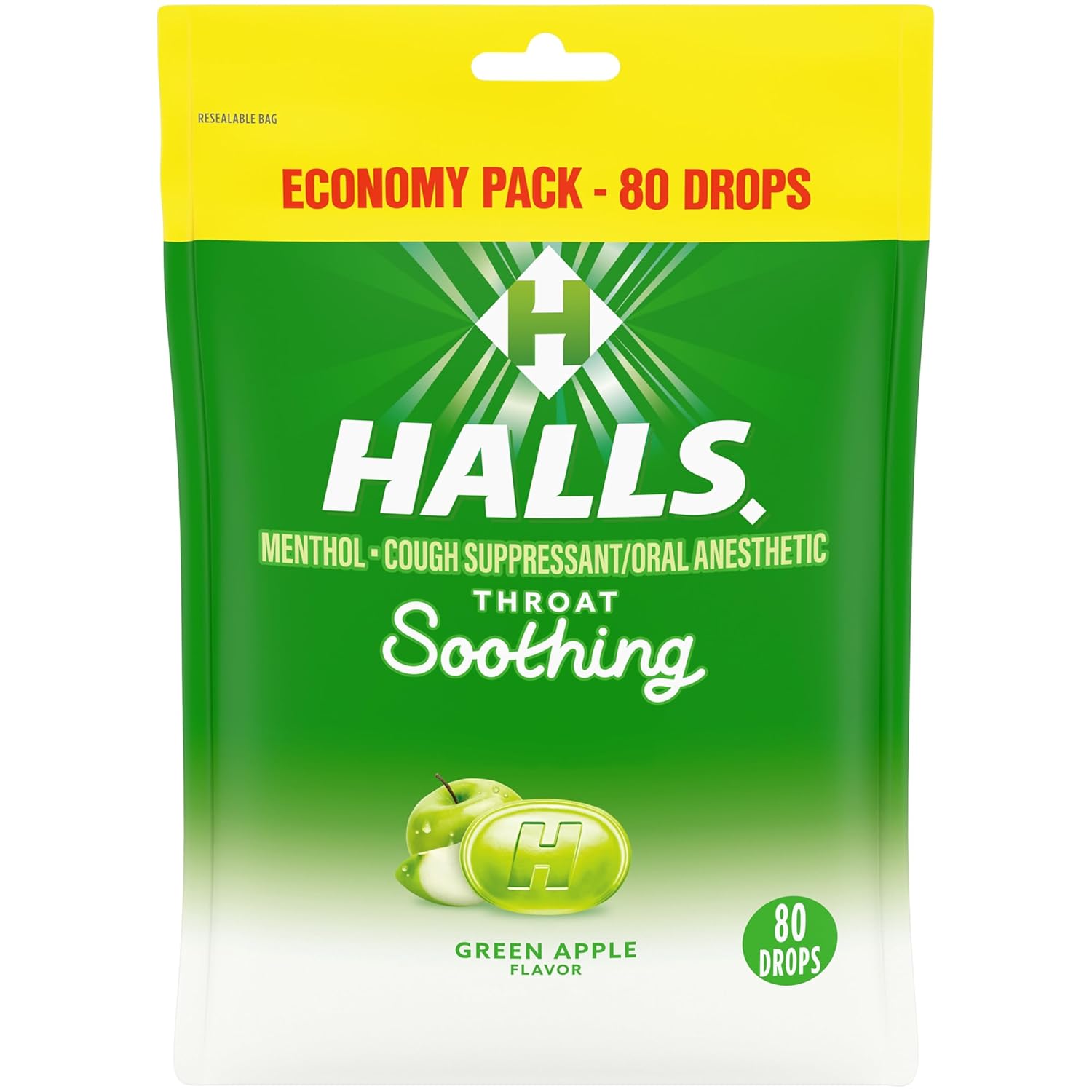Halls Throat Soothing Green Apple Cough Drops, 80 Count Economy Pack - Menthol Sore Throat & Cough Relief Lozenges