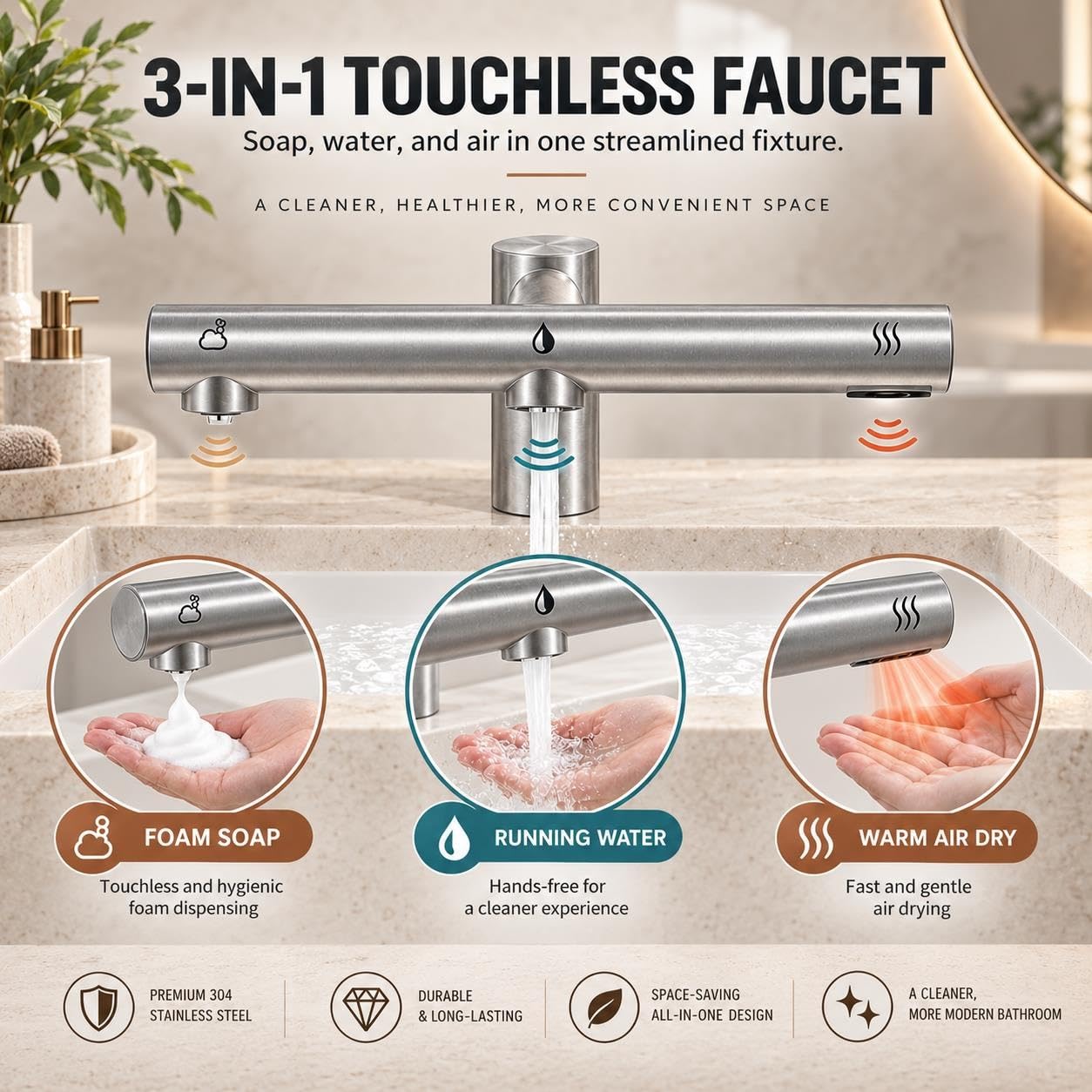 Rubinetto Asciuga Mani Automatico, Lavaggio Rapido 3 In 1