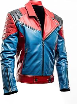 Men's Red Blue Genuine Sheepskin Quilted Shoulders Stylish Punk