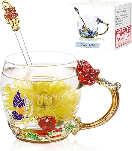 Vista 33 de Taza de té de flores, taza de café de cristal transparente con cuchara, caja de regalo para su madre, esposa, abuela, niñas, amigos, San Valentín