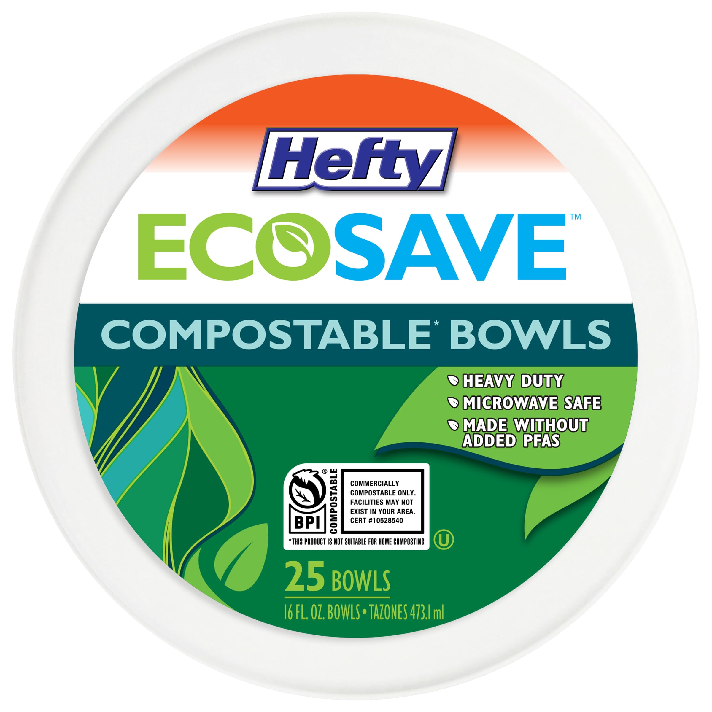 Hefty Ecosave 100% Compostable Bowl, 16 Ounce , 25 Count