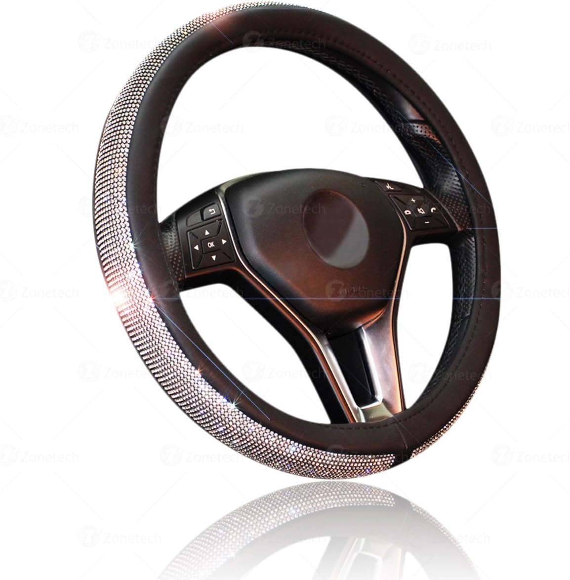 Car Crystal Bling Wheel Cover- Zone Tech Shiny Steering Wheels- Anti-Slip Rhinestones PU Leather Backing- Bling Shiny Diamond Wheel Protector