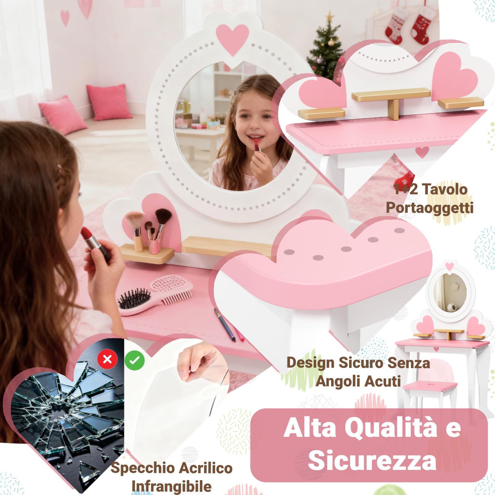 Clevich 2 in 1 Toeletta per Bambini, Toeletta da Trucco con Specchio Bambini, Scrivania in Legno con Sgabello, Robusto e Durevole, per Bambini dai 3-8 Anni (Bianco)