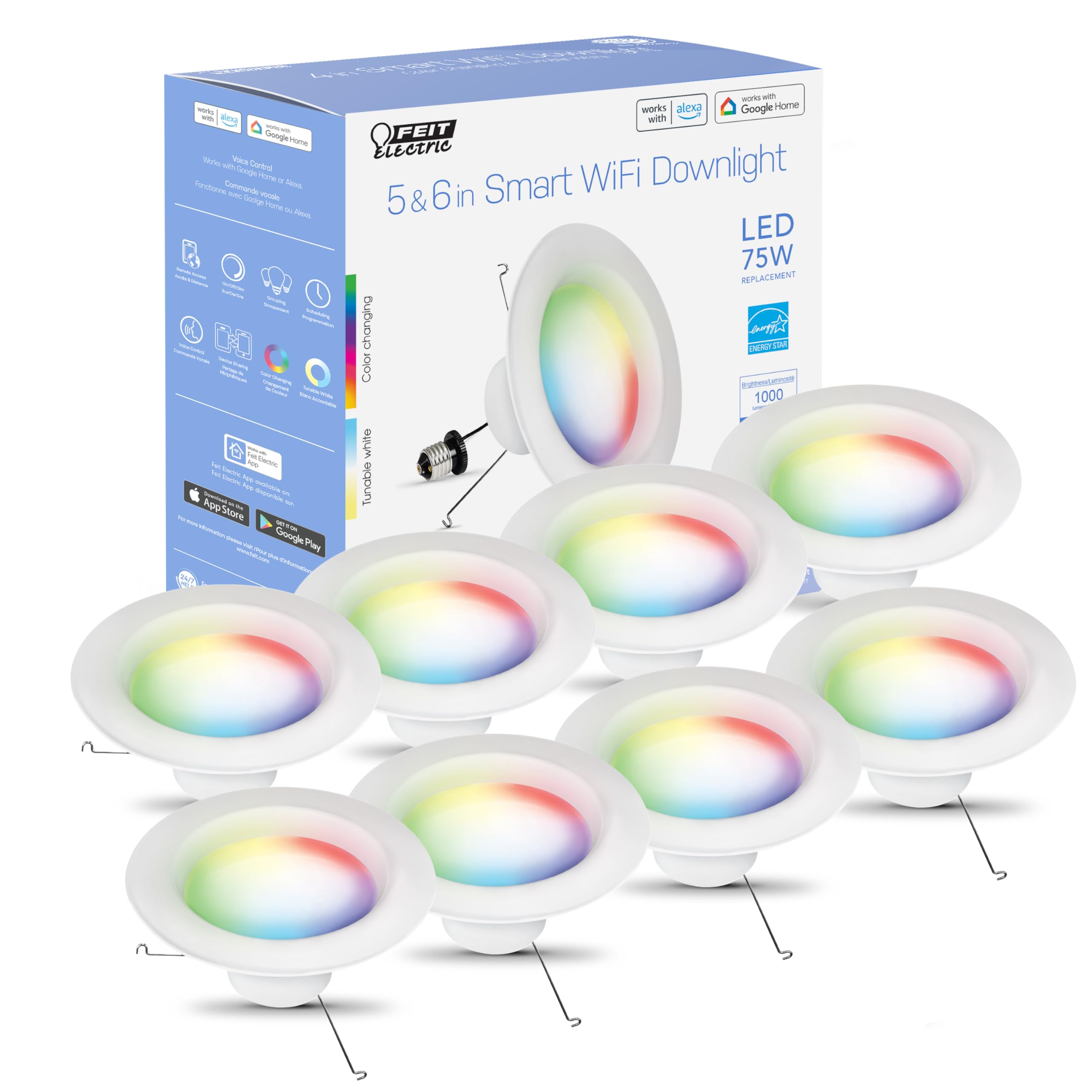 Feit Electric Smart Recessed Light, Fits Most 5-6" Can Housing, Works with Alexa or Google Assistant, Dimmable, 75W Equiv, 1000 Lumens, 2.4GHz WiFi Color Changing Downlight, LEDR6/RGBW/AG/2/4, 8 Pack