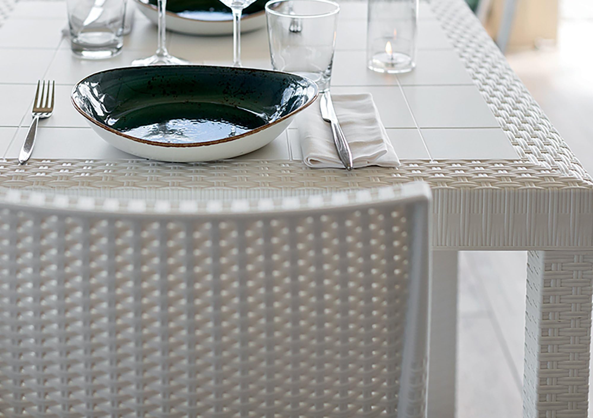 Dmora - Tavolo da Esterno Giove, Tavolo Rettangolare da Giardino, Tavolo da Giardino Multiuso Effetto Rattan, 100% Made in Italy, 150x90h74 cm, Bianco