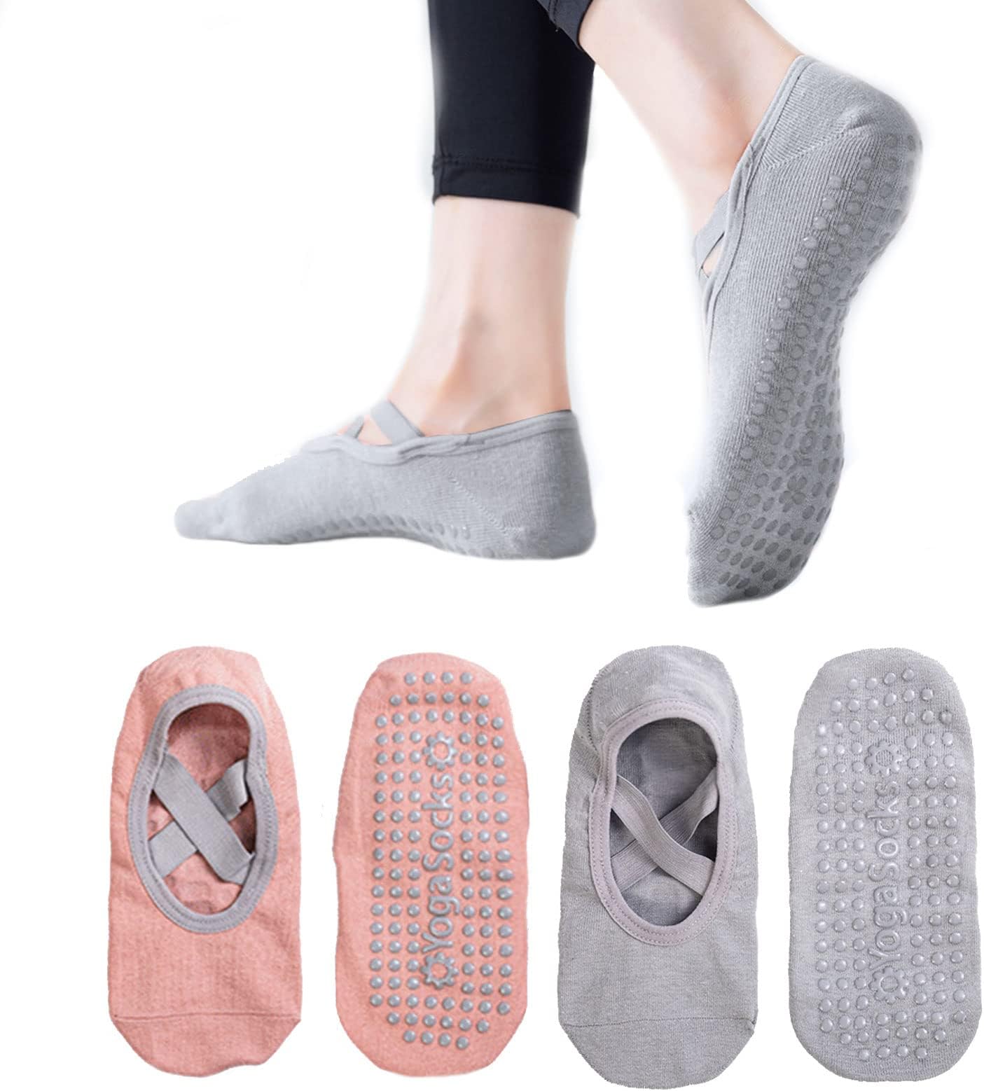 2 Pairs Non-Slip Yoga Socks for Women - Pilates, Dance, Barre, Gym Cotton Socks With Grip - Fall Prevention - Ideal for Fitness, Ballet, Home Workout